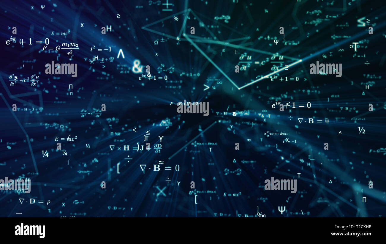 Digitale nahtlose mathematische Formeln. Abstrakte Digitale futuristischen Hintergrund mit Mathe, Physik Symbole und Mesh Network Grid. 3D-Illustration in 4K Stockfoto