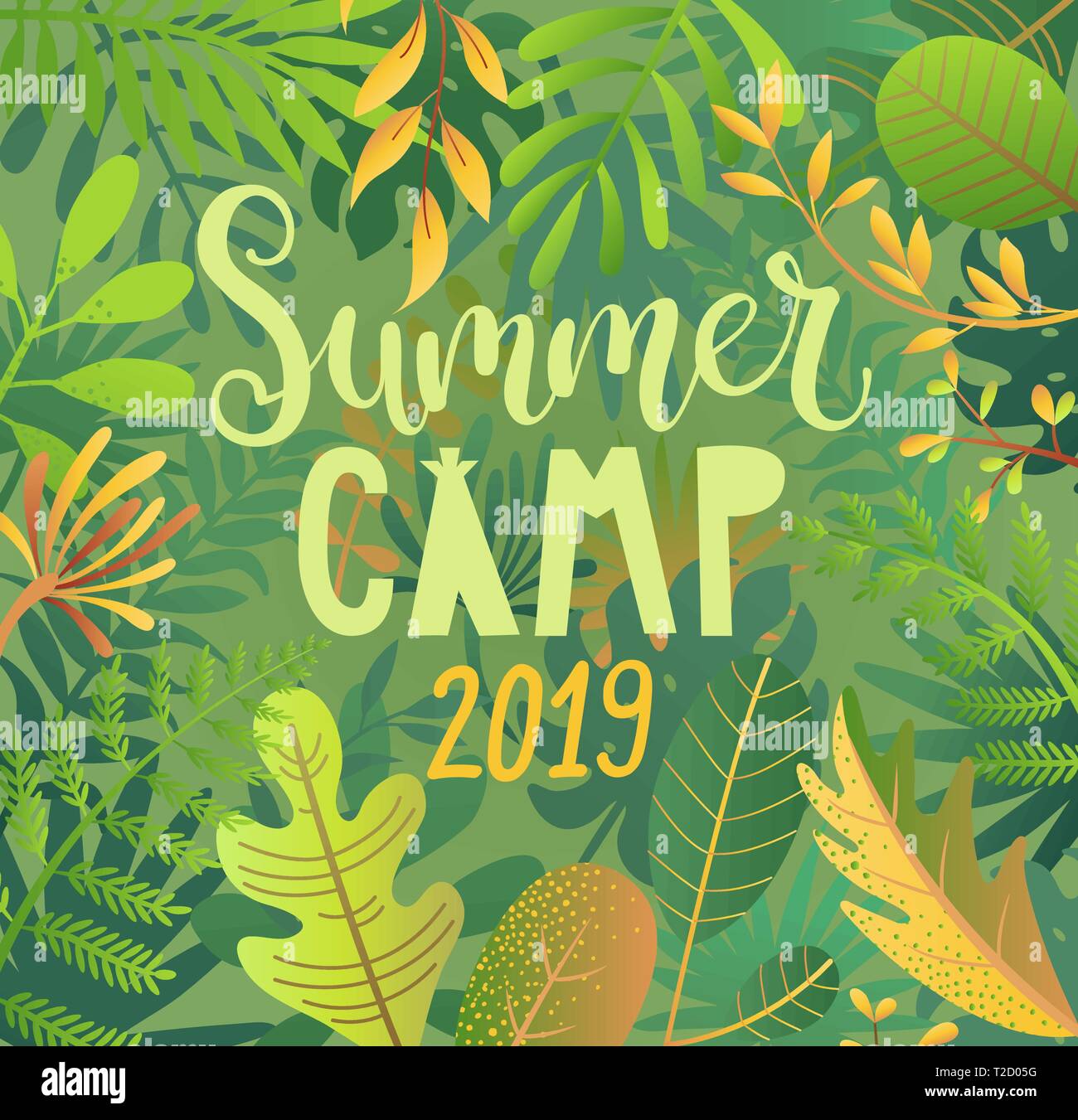 Sommer Camp 2019 Beschriftung auf Dschungel Hintergrund. Stock Vektor