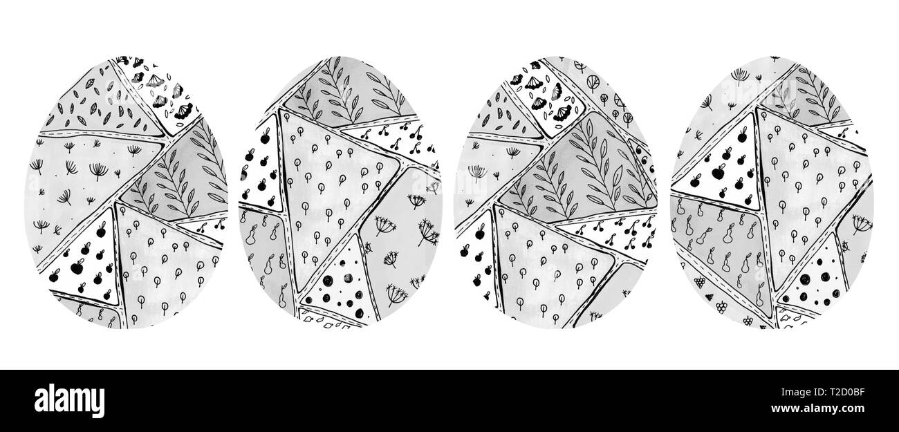 4er Set Ostereier mit abstrakten monochromen Doodle style Muster. Elegante festliche bemalte Eier mit dreieckigen Flecken mit einem Muster von geometrischen sha Stockfoto