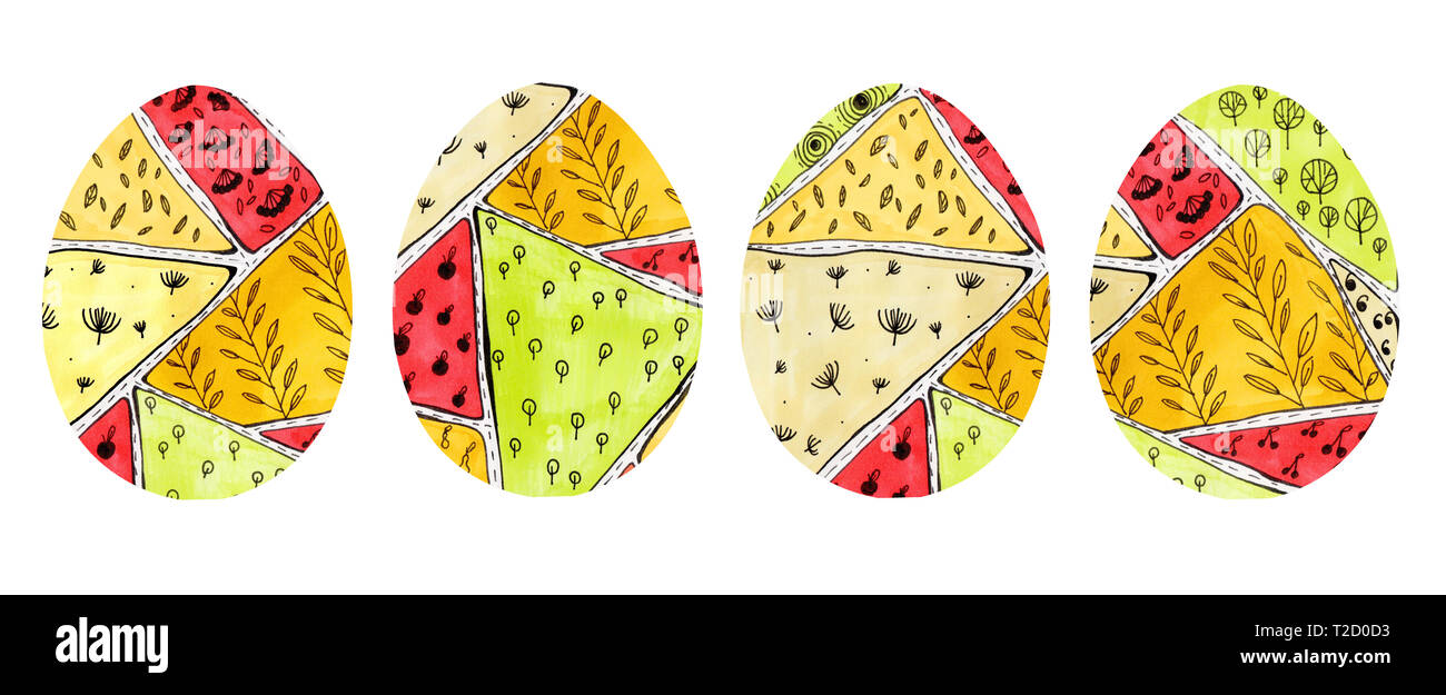 4er Set Ostereier mit abstrakten bunte Muster in doodle Stil. Frühling Urlaub bemalte Eier mit Rot, Orange, Gelb, Grün und Beige Flecken. Geom Stockfoto