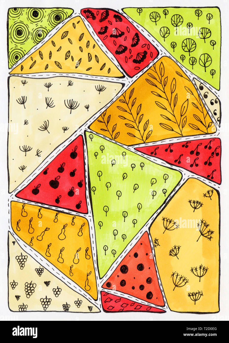 Abstrakte bunten Hintergrund in doodle Stil. Vertikale patchwork Hintergrund von Rot, Orange, Gelb, Grün und Beige Patches. Handgezeichnete Abbildung w Stockfoto