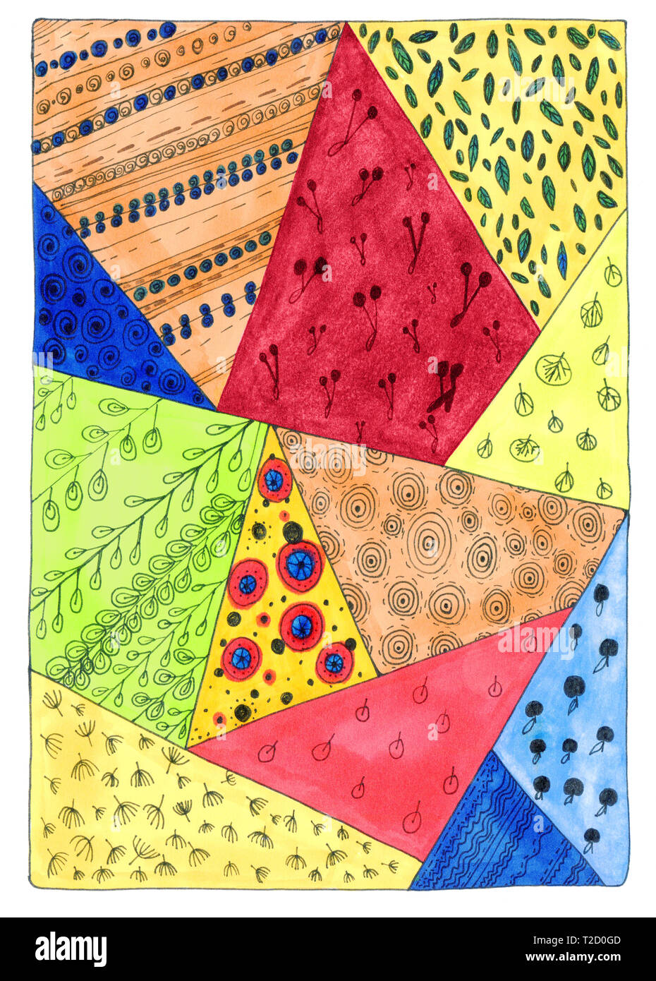 Abstrakte bunten Hintergrund in doodle Stil. Vertikale patchwork Hintergrund von Rot, Orange, Gelb, Grün und Blau Dreiecke. Abbildung gezeichnet Stockfoto