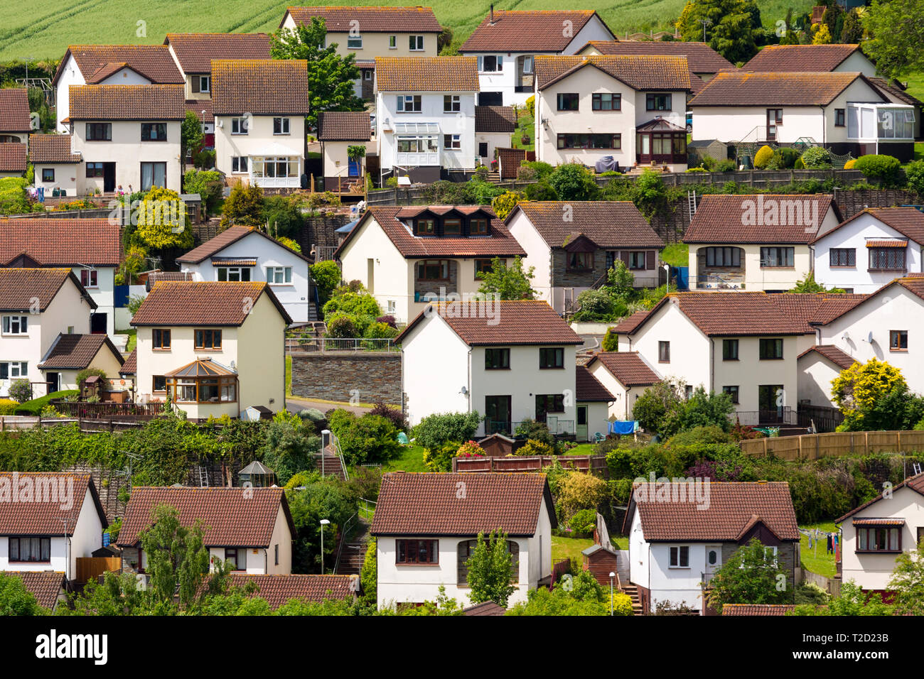 Kleine Kästen - Gepflegte Wohnanlage von nahezu identischen freistehende Stadthäuser in der Küstenstadt Teignmouth, Devon, Großbritannien Stockfoto Kleine Kästen - Gepflegte Wohnanlage von nahezu identischen freistehende Stadthäuser in der Küstenstadt Teignmouth, Devon, Großbritannien Stockfoto