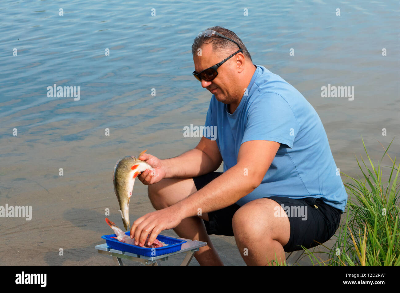 Ein Mann der Fisch reinigt, der Fischer schneidet der Fisch auf dem Ufer, der Region Kaliningrad, Russland, 19. August 2019 Stockfoto