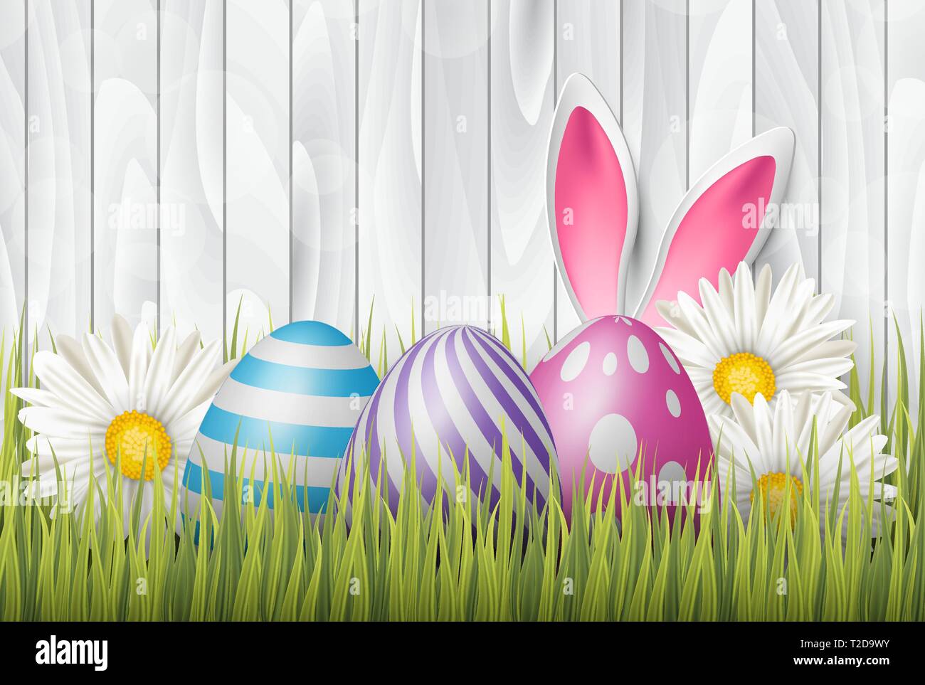 Ostern Hintergrund mit gemalten 3d realistische Eier in grünem Glas und Blumen auf weißem Holz- Kulisse. Vector Illustration. Stock Vektor