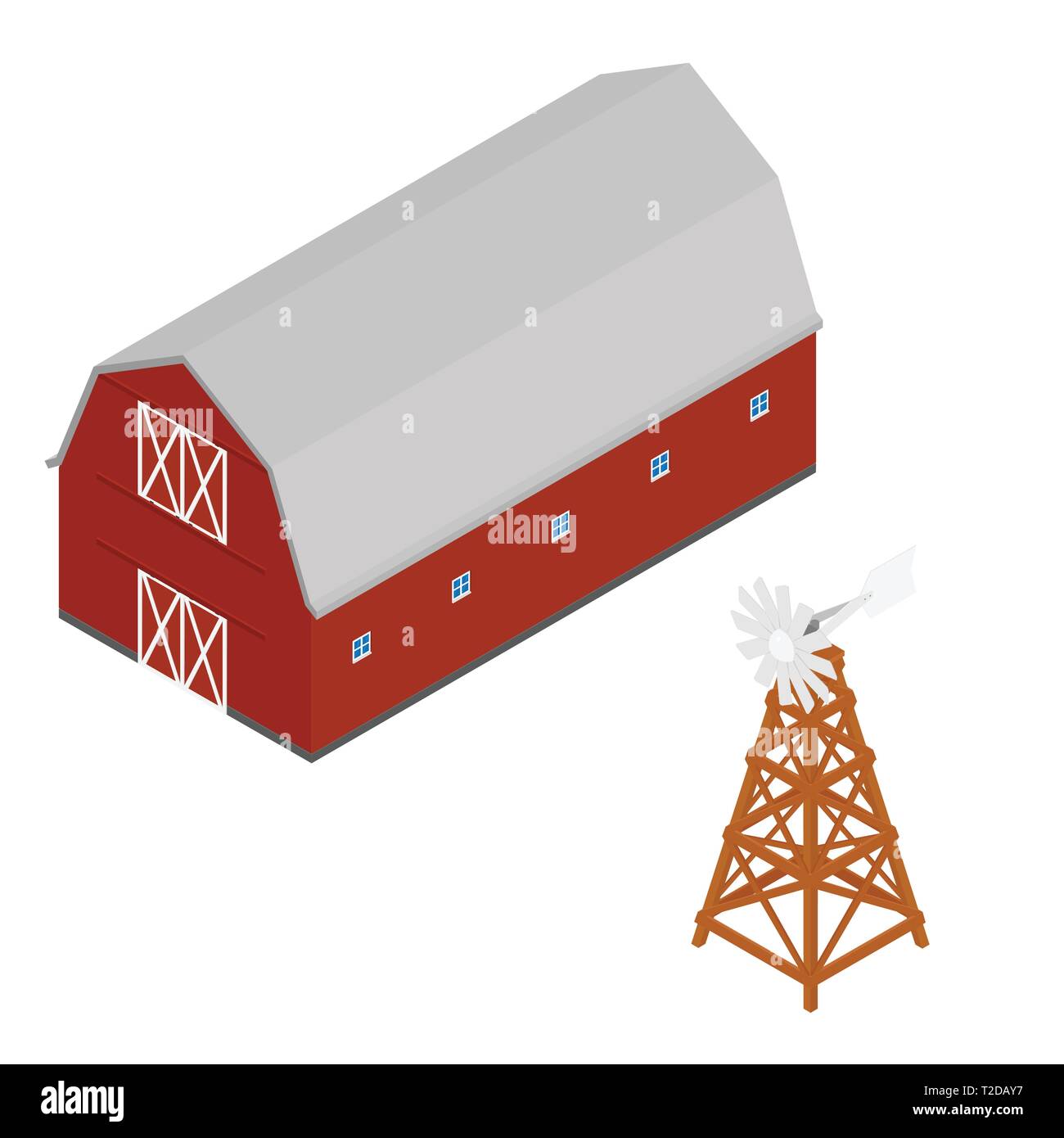Isometrische rote Scheune und Wasser mit Kohlensäure Windmühle. Landwirtschaftliche Gebäude isoliert auf weißem Hintergrund Stock Vektor
