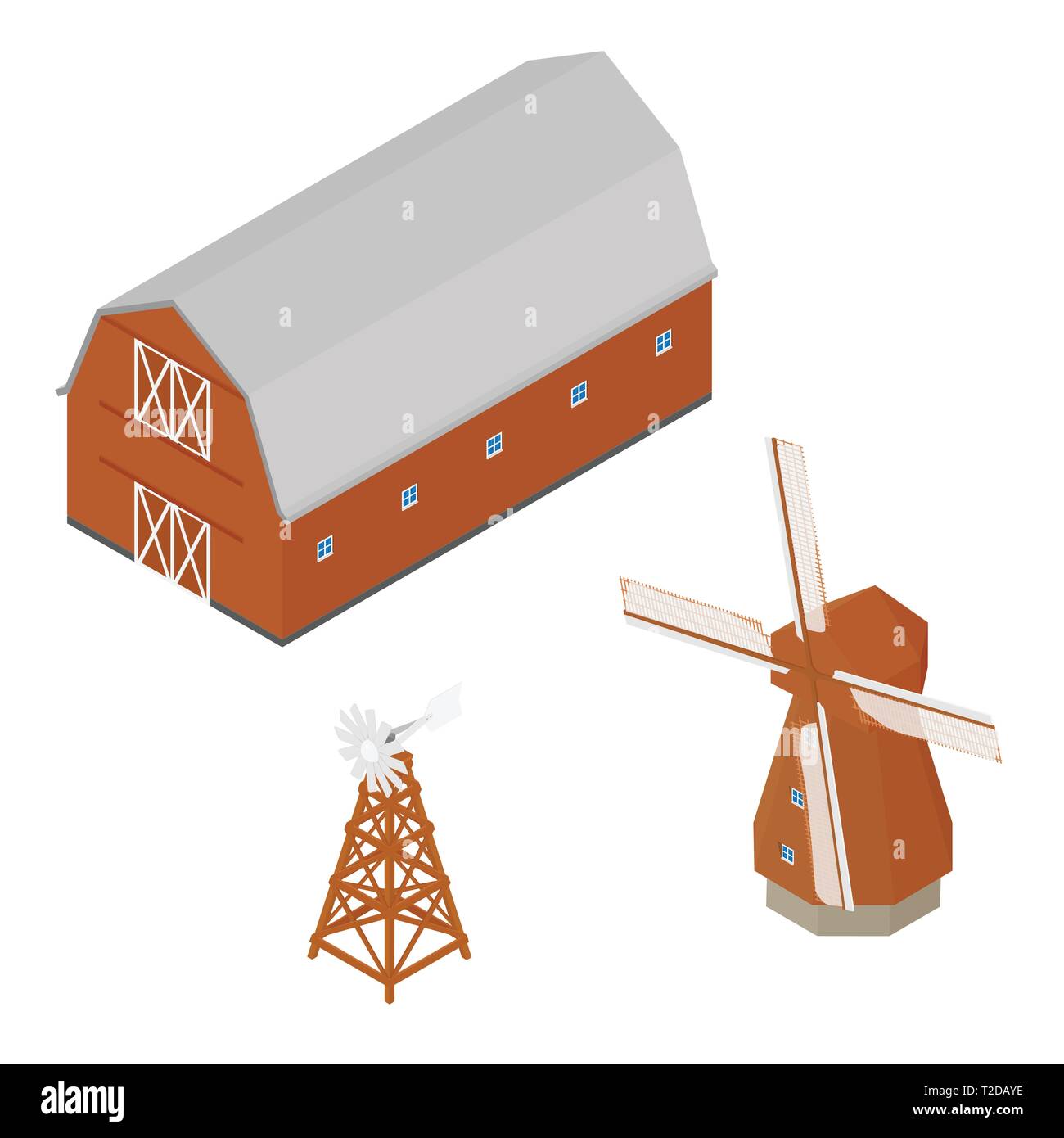 Isometrische rote Scheune, Mühle und Wasser mit Kohlensäure Windmühle. Landwirtschaftliche Gebäude isoliert auf weißem Hintergrund Stock Vektor