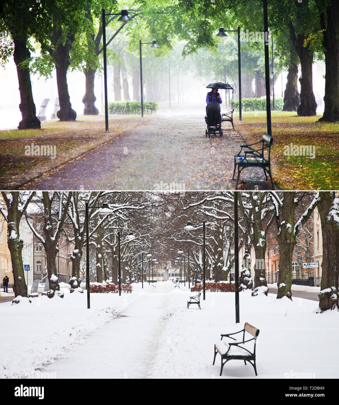 LINKÖPING 2015/2016 der gleichen Stelle fotografiert zu verschiedenen Jahreszeiten (Sommer und Winter). Foto Jeppe Gustafsson Stockfoto