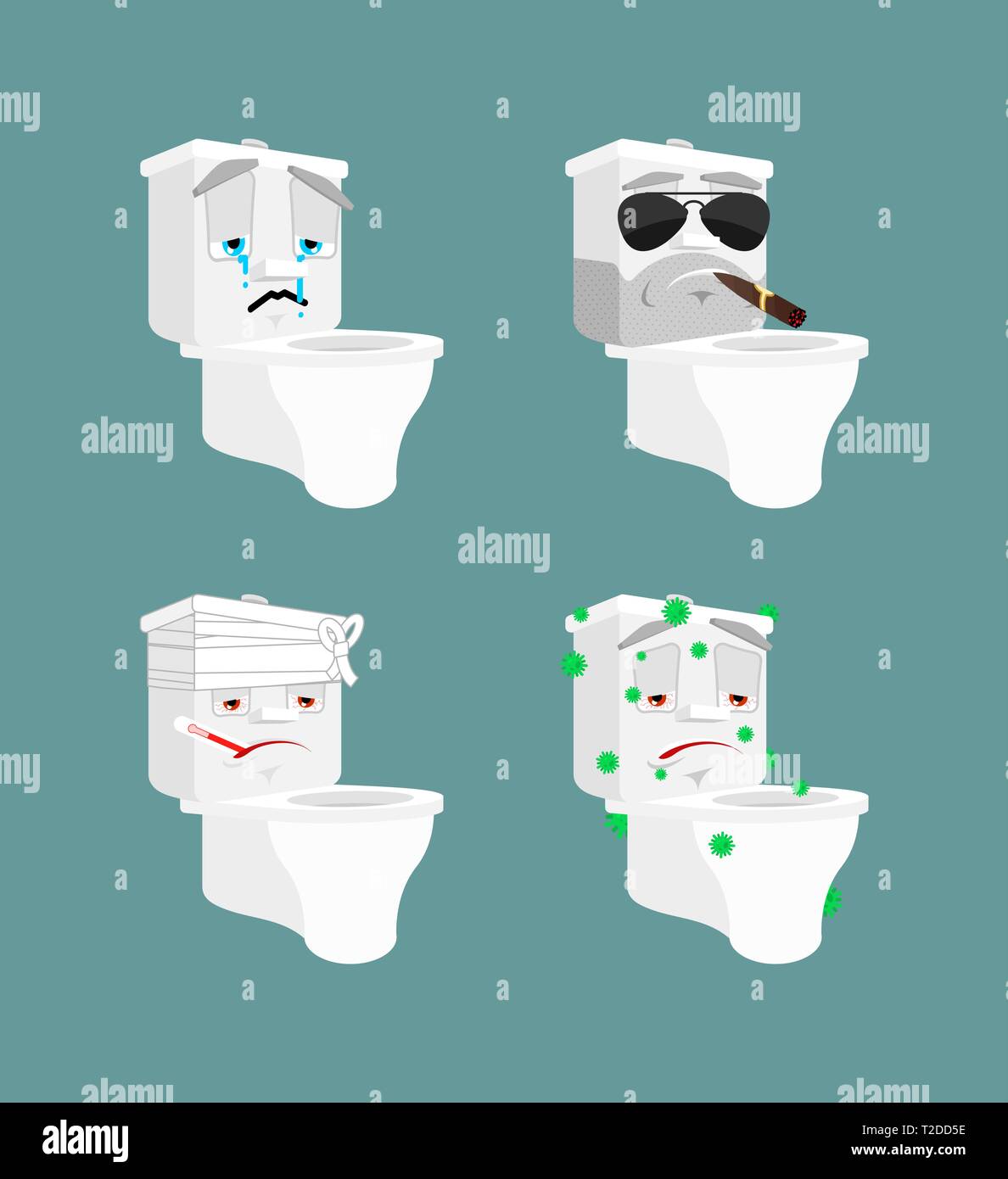Wc-Schüssel emoji 1 1. Toilette krank und traurig. Bandagiert und brutal. wc Sammlung von Situationen Stock Vektor