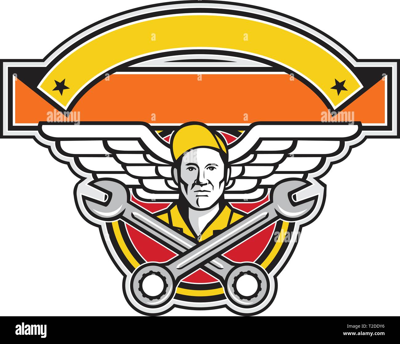 Symbol Retro Stil Abbildung einer Mannschaft Leiter oder fluggerätmechaniker mit gekreuzten Schlüssel oder Schraubenschlüssel und Aviator oder Armee Flügel set innerhalb des Kreises mit dem Verbot Stock Vektor