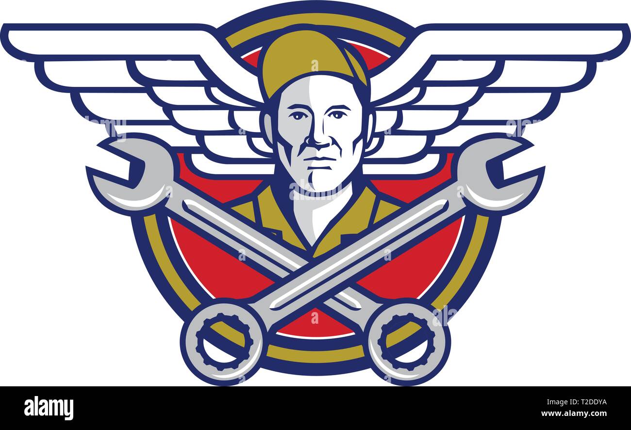 Symbol Retro Stil Abbildung einer Mannschaft Leiter oder fluggerätmechaniker mit gekreuzten Schlüssel oder Schraubenschlüssel und Aviator oder Armee Flügel set innerhalb des Kreises der Isola Stock Vektor