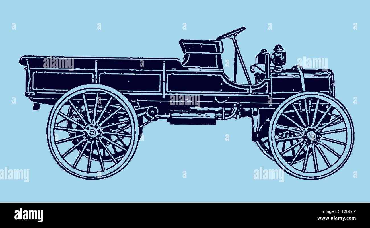 Historischer Motorwagen in Seitenansicht. Illustration nach einer Lithographie oder Gravur aus dem frühen 20. In Ebenen bearbeitbar Stock Vektor