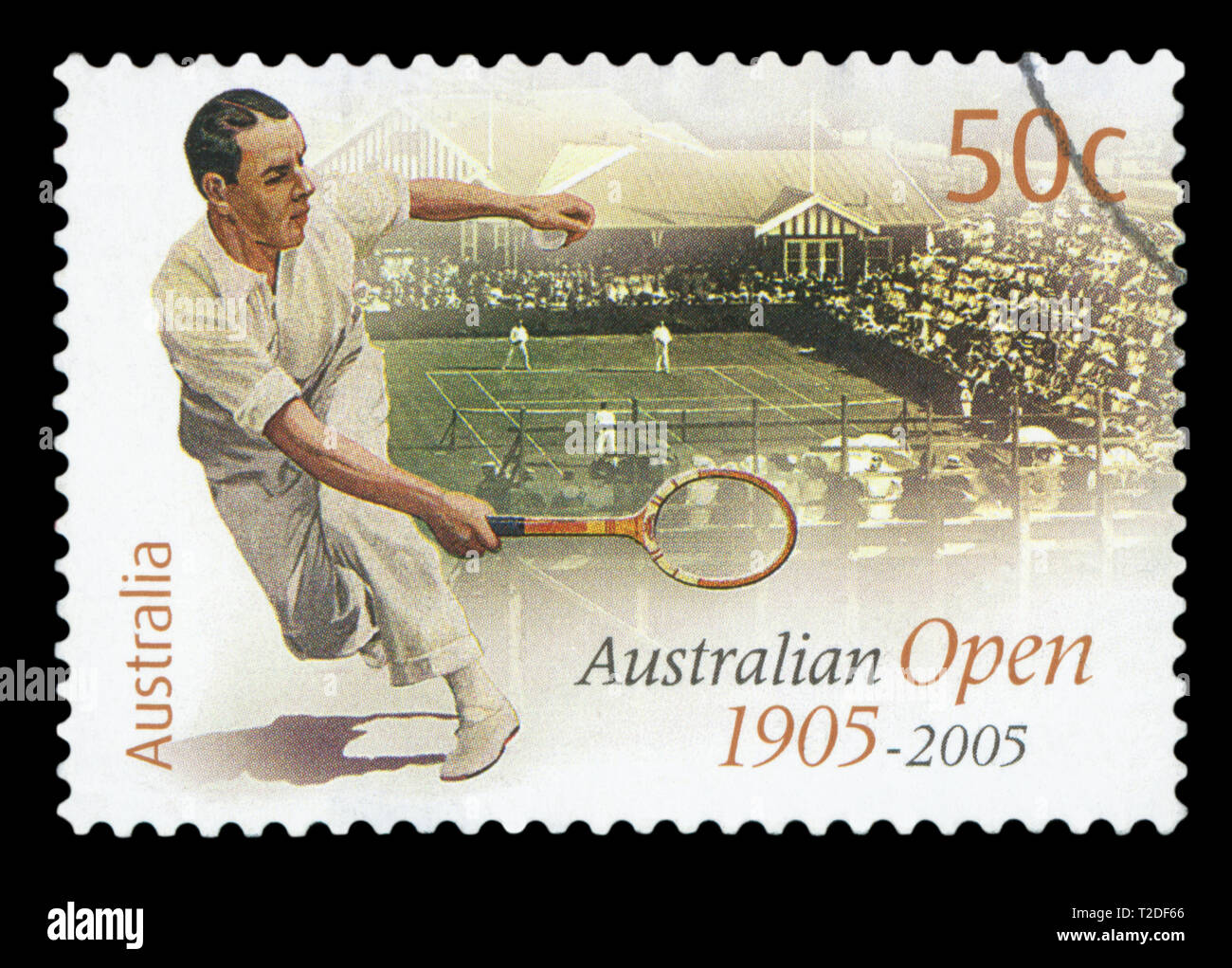Australien - ca. 2005: einen gebrauchten Briefmarke aus Australien, symbolisiert die Geschichte der Australian Open 1905 - 2005, ca. 2005. Stockfoto