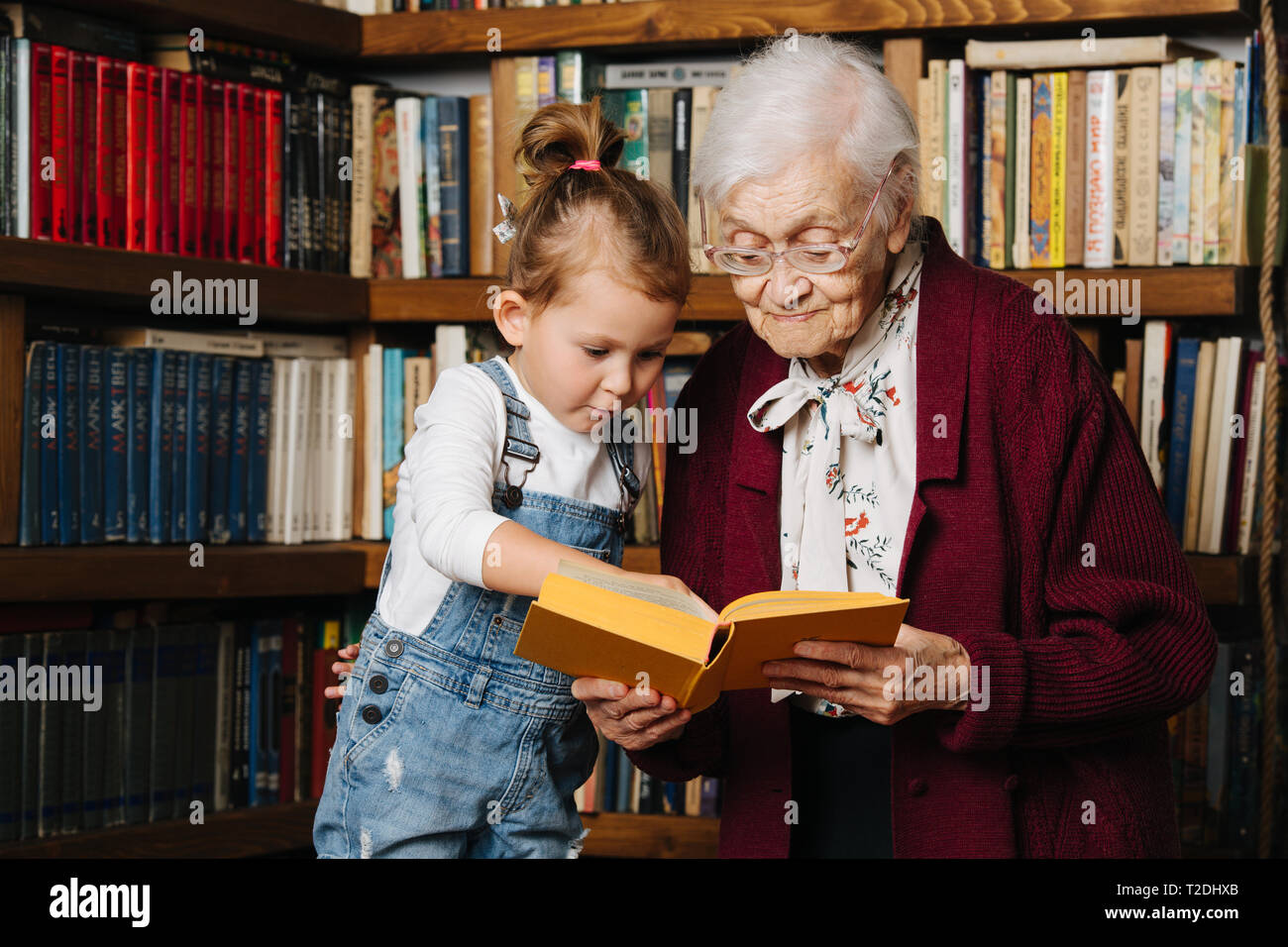 Glückliche Momente mit ihrer Urgroßmutter, ältere Dame viel Zeit mit ihrem großen Enkelin. Portrait vor einem Bücherregal, ein Buch, das ich Stockfoto