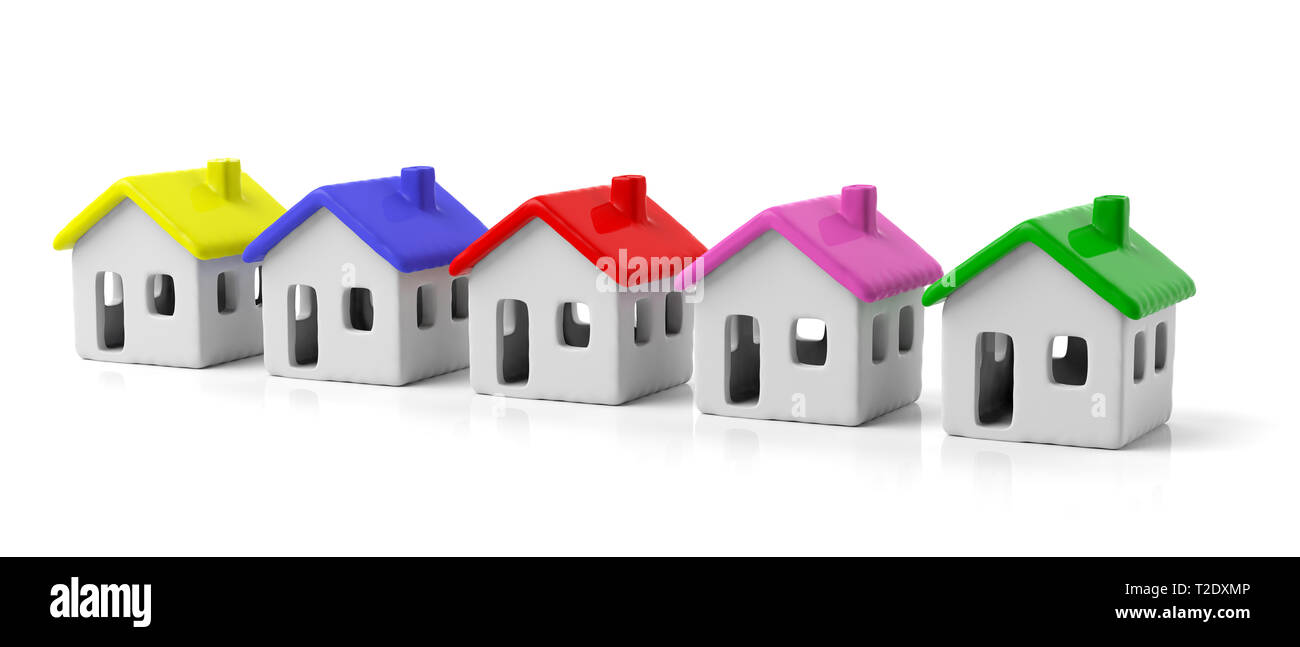 Immobilien, Wohnungsbau Projekt Konzept. Haus Modelle in einer Reihe vor weißem Hintergrund, bunten Dächern, Banner. 3D-Darstellung Stockfoto