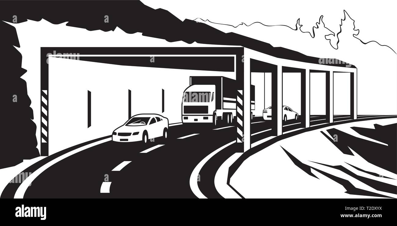 Halb Tunnel auf der Autobahn in den Bergen - Vector Illustration Stock Vektor