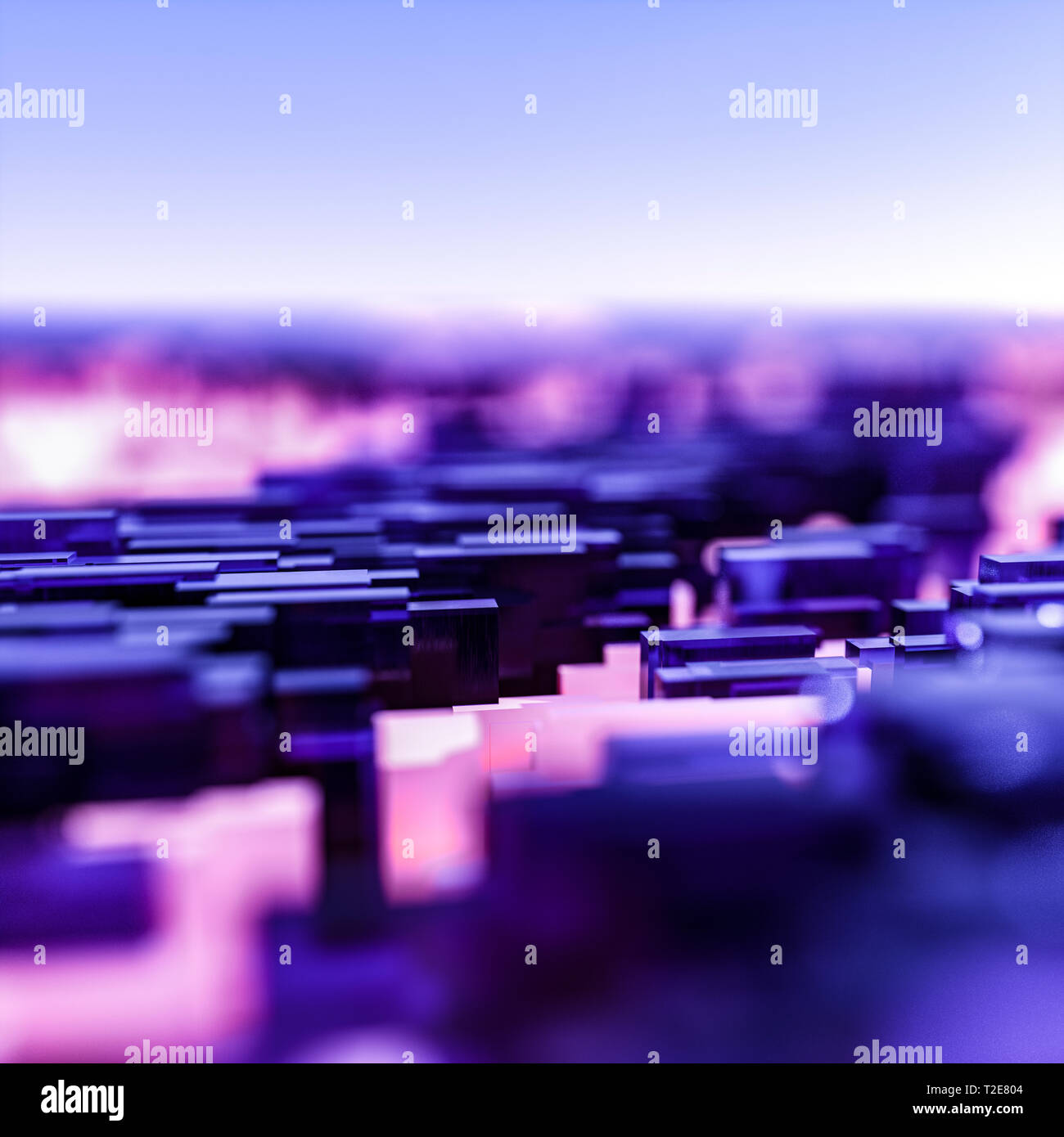 Abstrakt Blau und lebendige glühenden violett bis rosa Hintergrund mit Center konzentrieren sich auf dicht gepackten Geometrische rechteckige Formen im quadratischen Format mit Cop Stockfoto