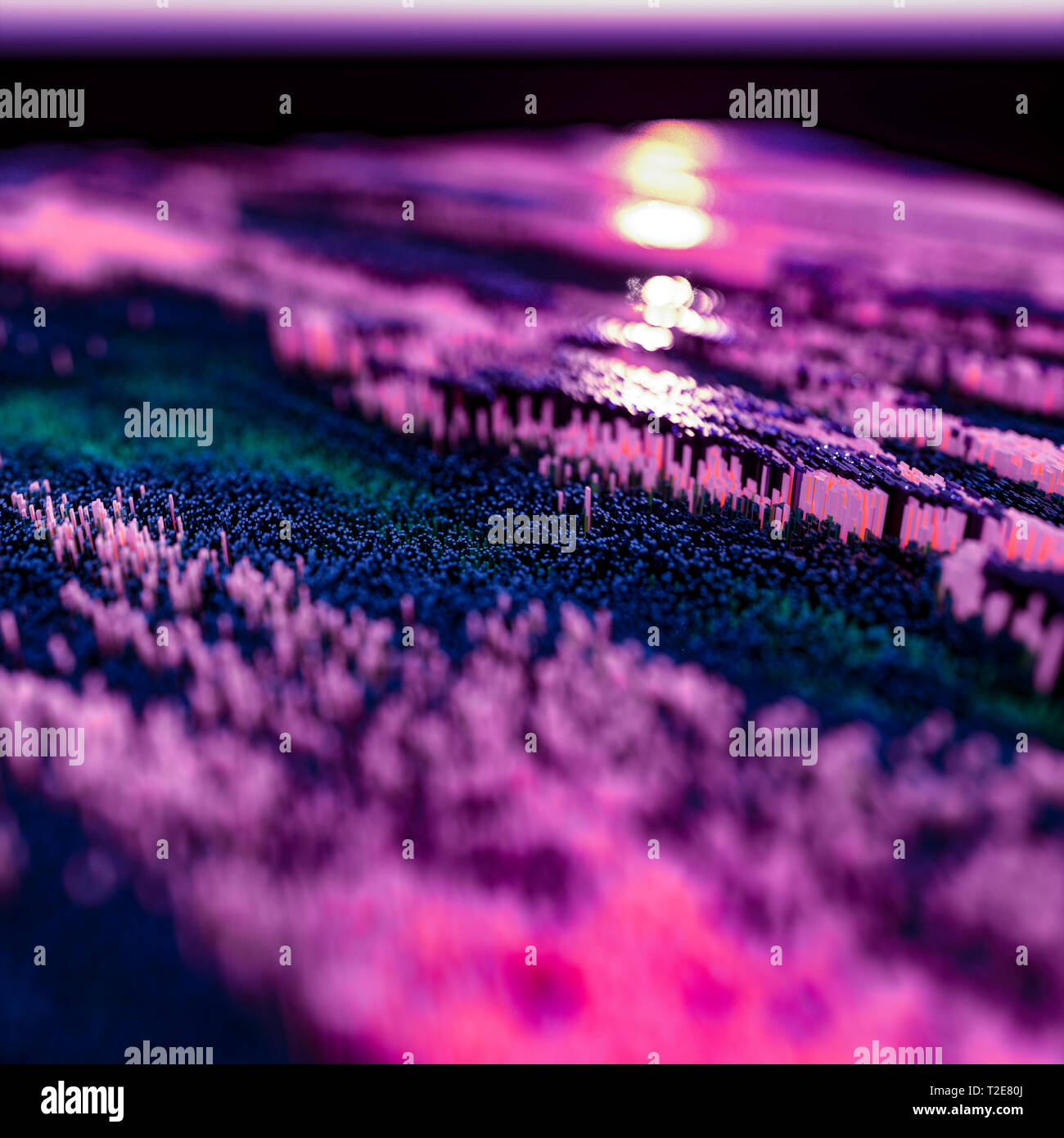 Abstrakt Blau und lebendige glühenden violett bis rosa Hintergrund mit Center konzentrieren sich auf dicht gepackten Geometrische rechteckige Formen im quadratischen Format mit Cop Stockfoto