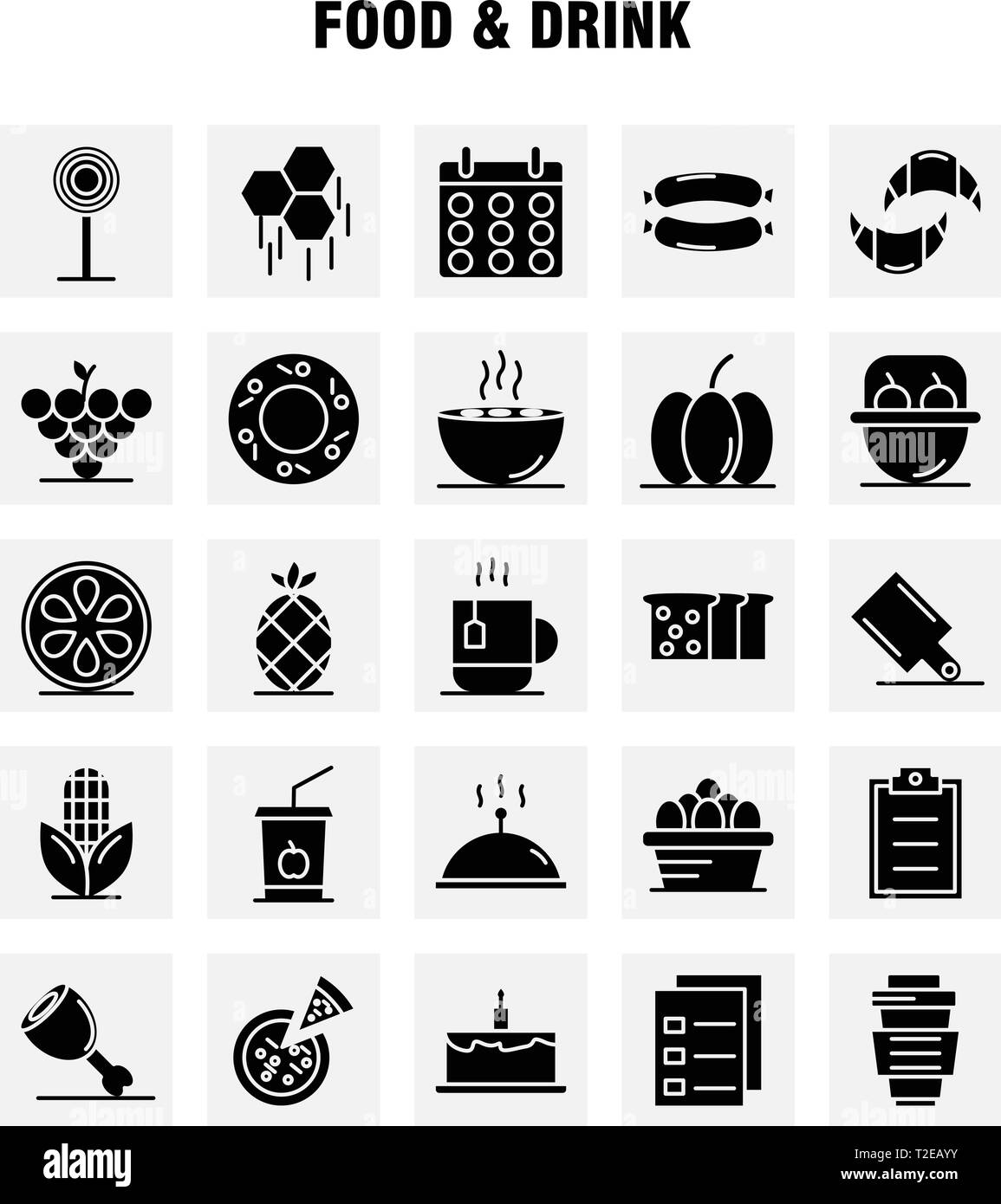 Essen und Trinken Feste Glyphe Icons Set für Infografiken, Mobile UX/UI-Kit und Print Design. Umfasst: Frühstück, Croissant, Essen, Essen, Haube, Küche, Fo Stock Vektor