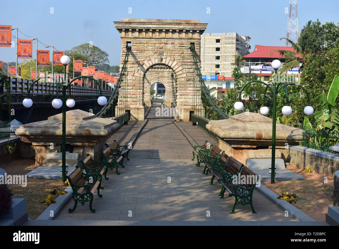 Punalur, Kerala, Indien - 1. März 2019: punalur Suspension Bridge in Kerala Stockfoto