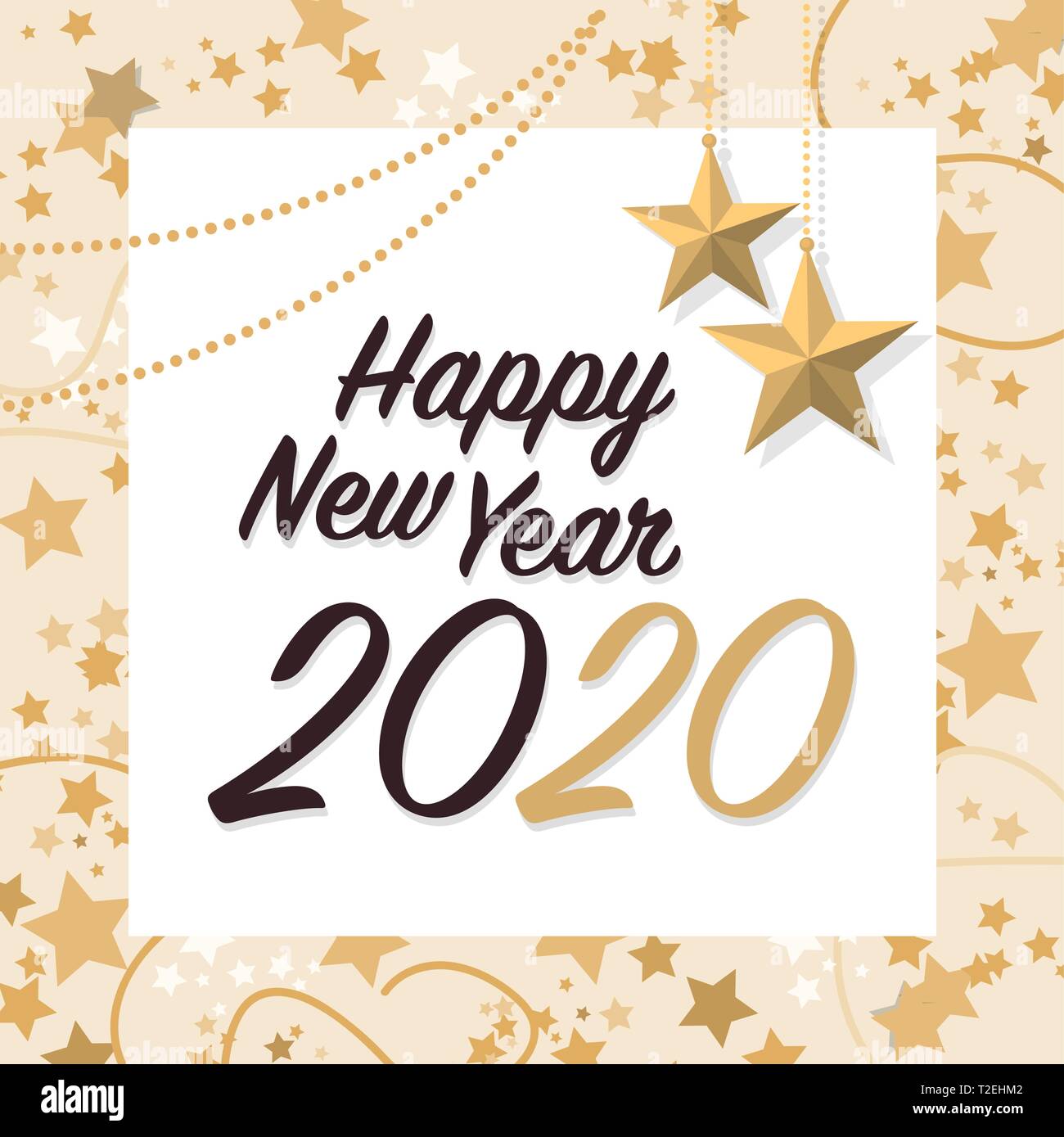 Frohes Neues Jahr 2020 mit den goldenen Sternen, social media Post und wünschen Karte Stock Vektor