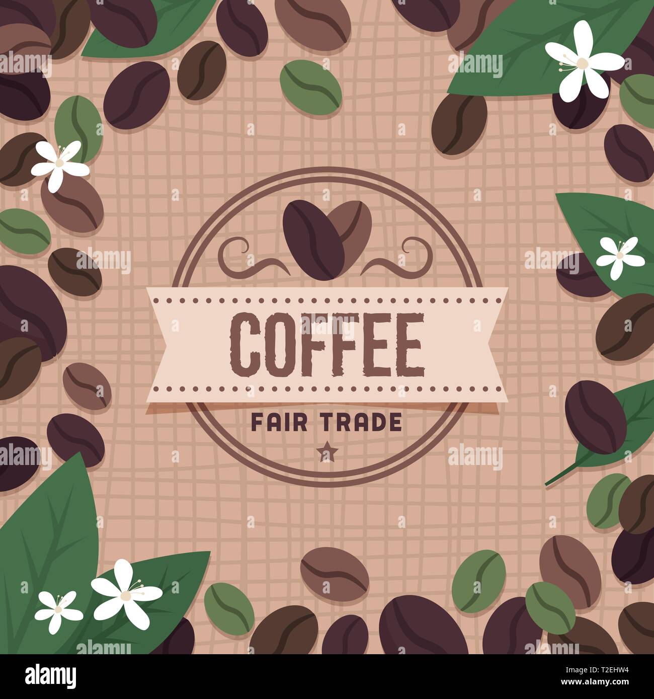 Fair trade Kaffee Marke mit Kaffeebohnen und Blumen Stock Vektor