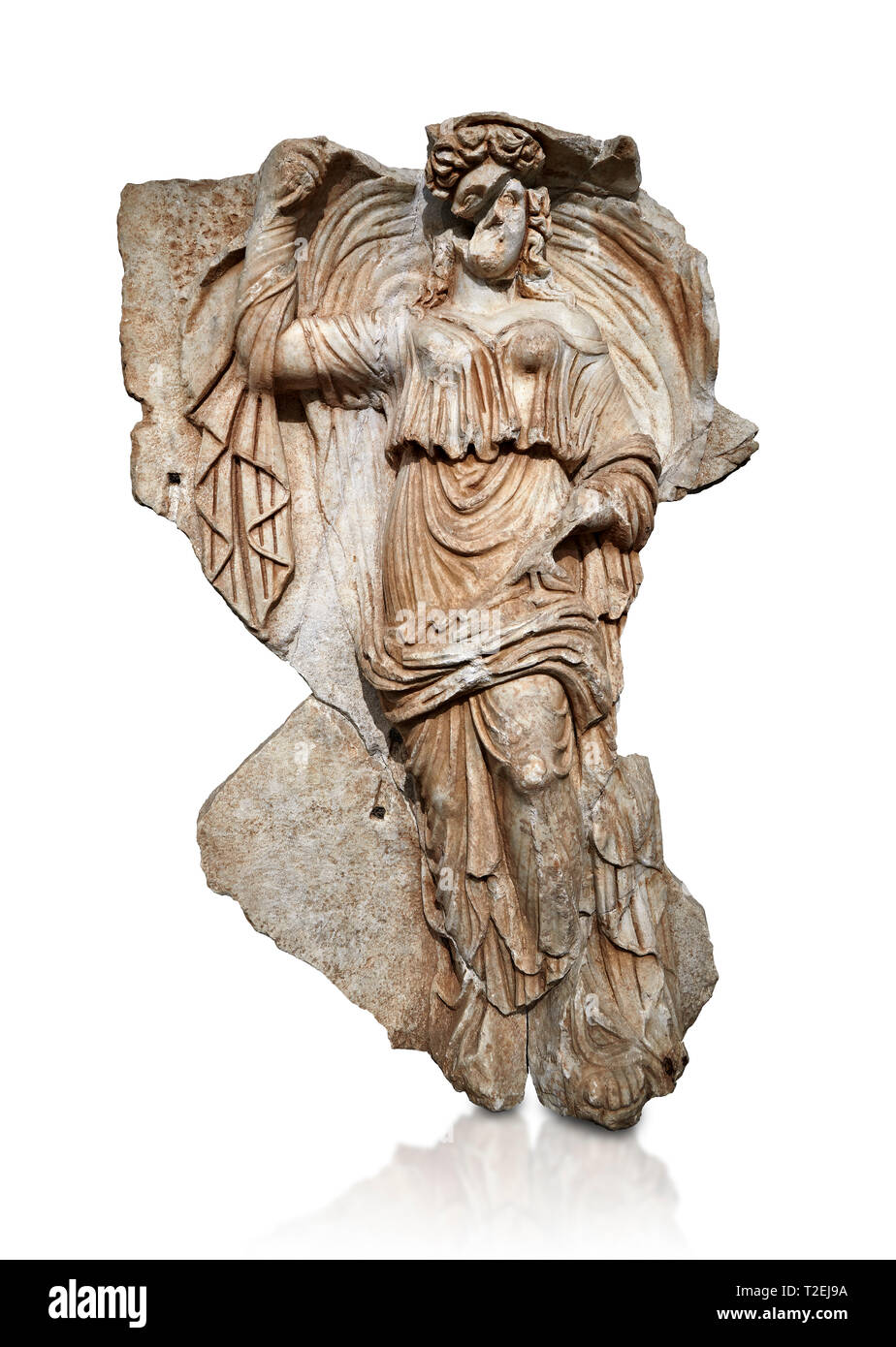 Römische Sebasteion Entlastung Skulptur der Göttin Herma (Tag), Afrodisias Museum, Aphrodisias, Türkei. Vor einem weißen Hintergrund. Göttin Herma oder Stockfoto