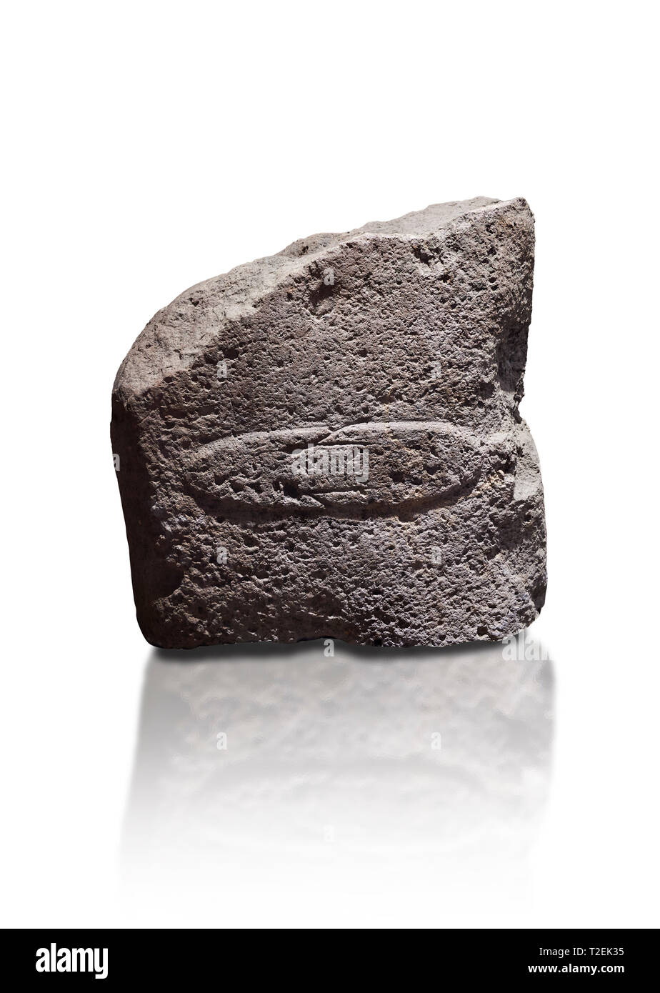 Fragment einer späten Europäischen Jungsteinzeit prähistorischen Menhir Standing Stone mit acarving eines horizontalen Messer auf seinem Gesicht. Von Montes ausgegraben Stockfoto