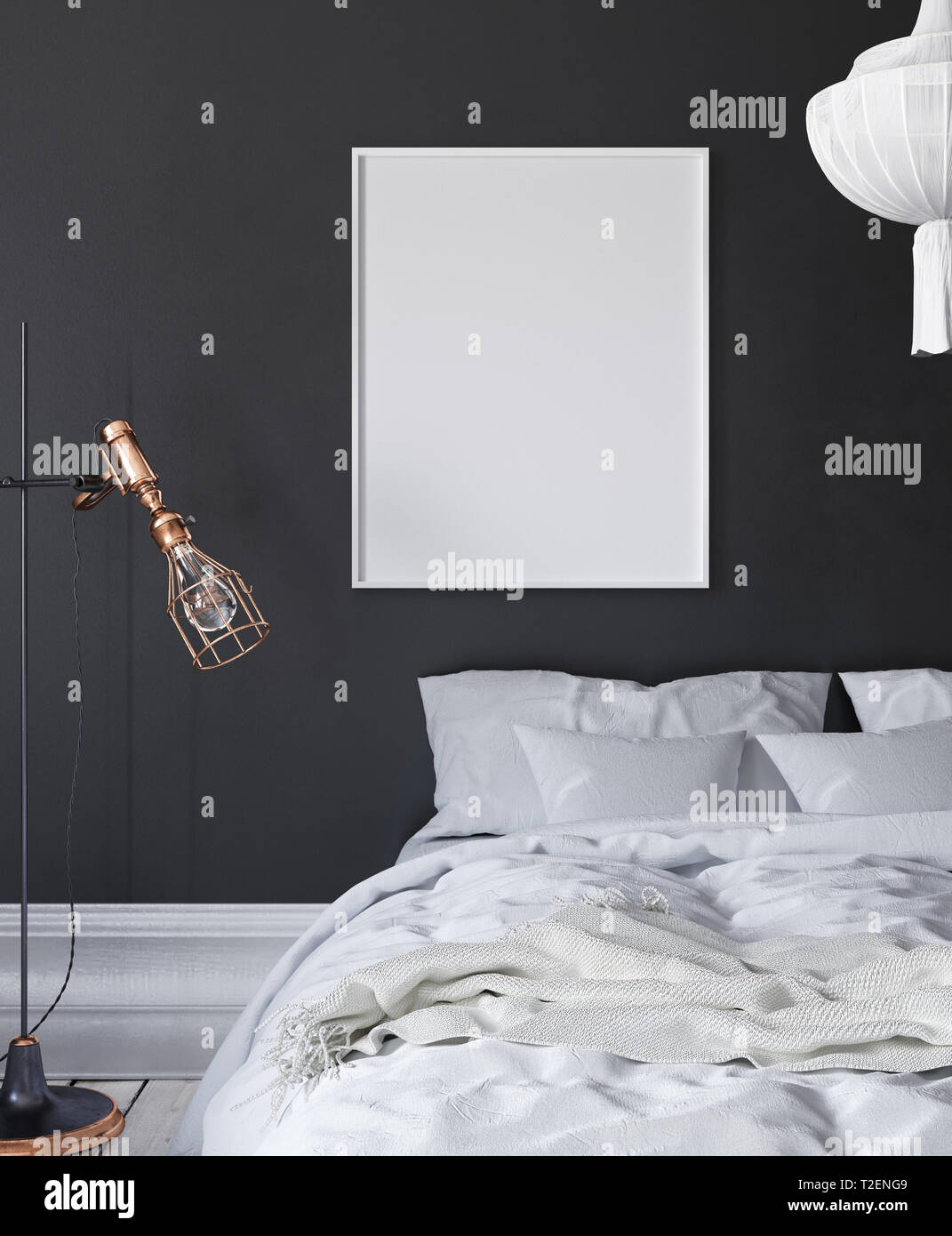 Mock-up Poster Frame in dunklen Schlafzimmer, skandinavischen Stil, 3D-Rendering Stockfoto