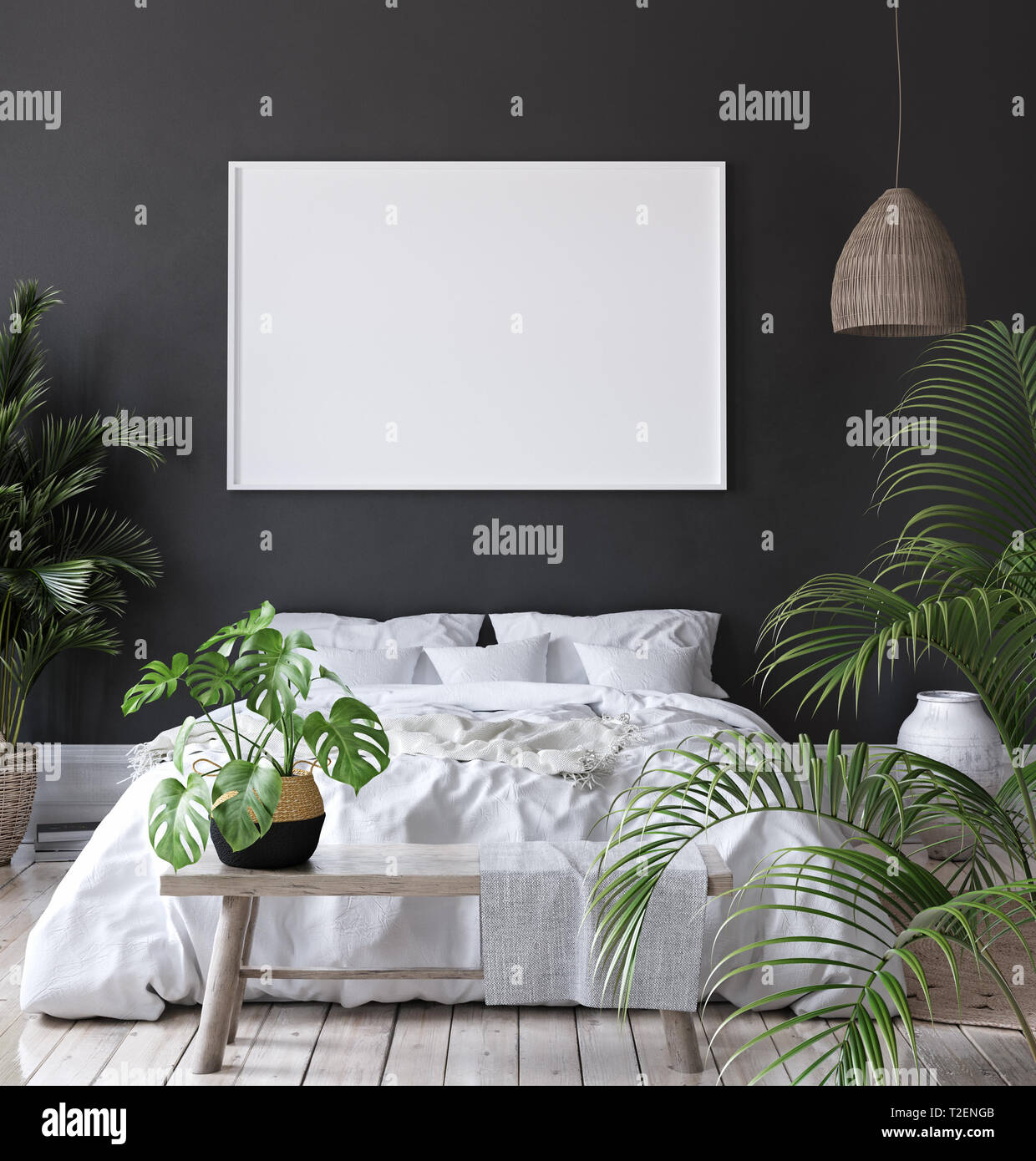Mock-up Poster Frame in dunklen Schlafzimmer, skandinavischen Stil, 3D-Rendering Stockfoto