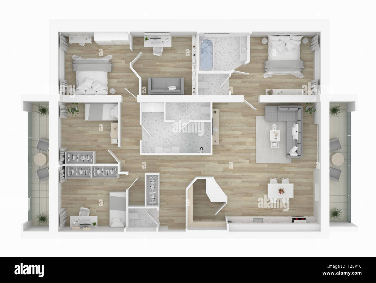 3D-Grundriss der Wohnung, 3D-Darstellung. Offenes Konzept living Apartment Layout Stockfoto