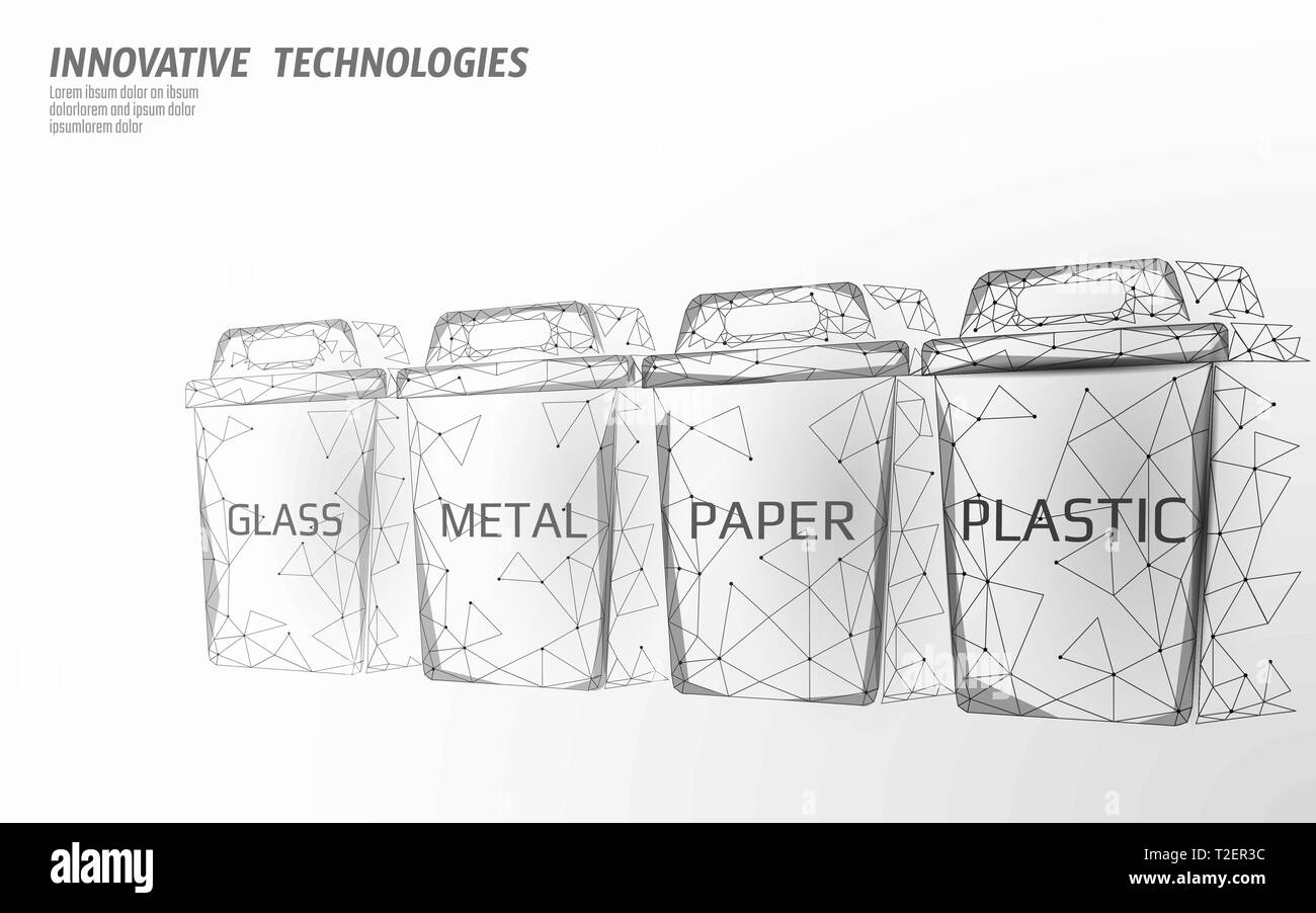 Low Poly Abfalltrennung 3D-Konzept. Garbage Recycling Kunststoff Aluminium Papier Glas container bin. Polygonale ökologische Speichern planet Kampagne. Urban tr Stock Vektor