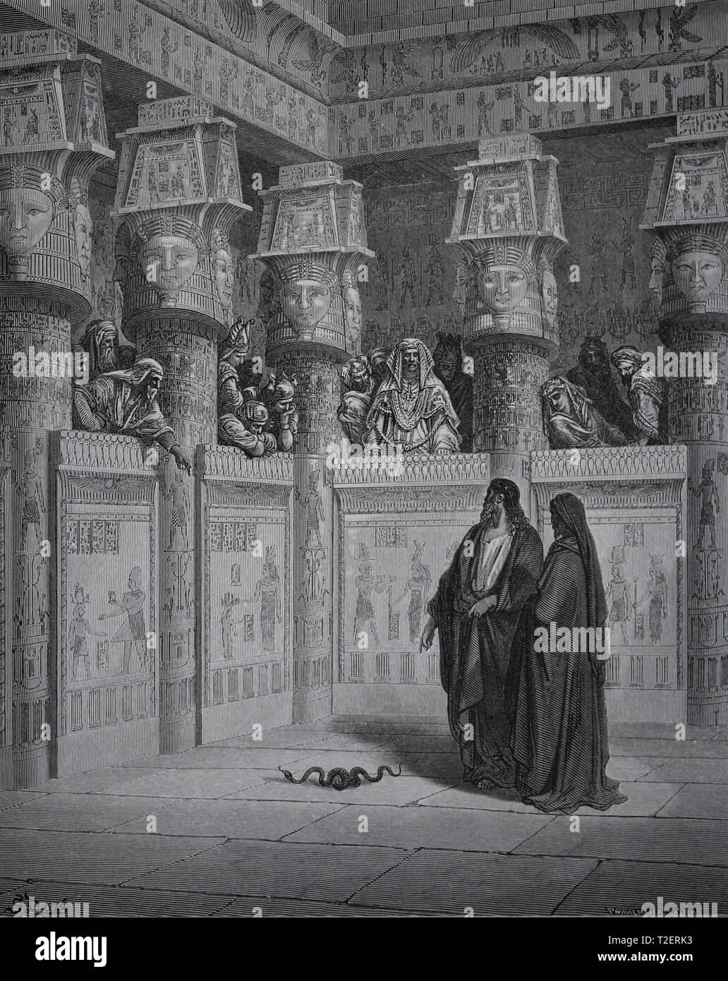 Die Bibel. Exodus. Mose und Aaron Erscheinen vor dem Pharao. Kupferstich von Dore, 1866. Stockfoto