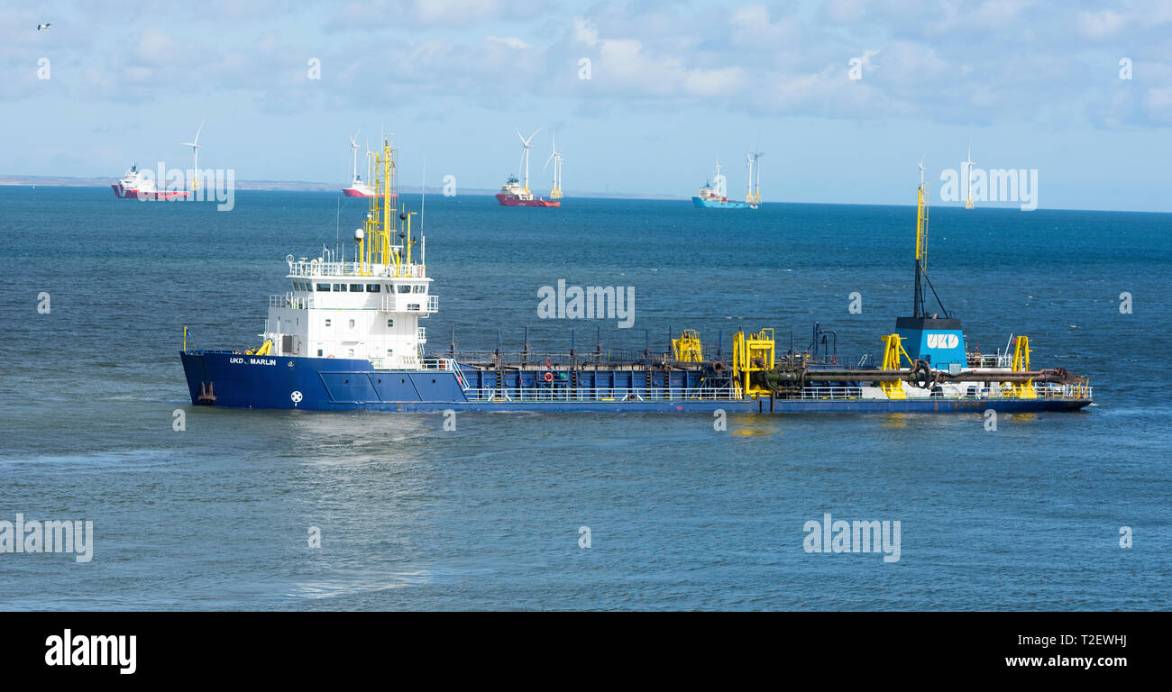 UKD Marlin. Trailing Suction Hopper Schwimmbagger arbeiten im Hafen Aberdeen Ansatz Kanal, im Nordosten von Schottland. Stockfoto