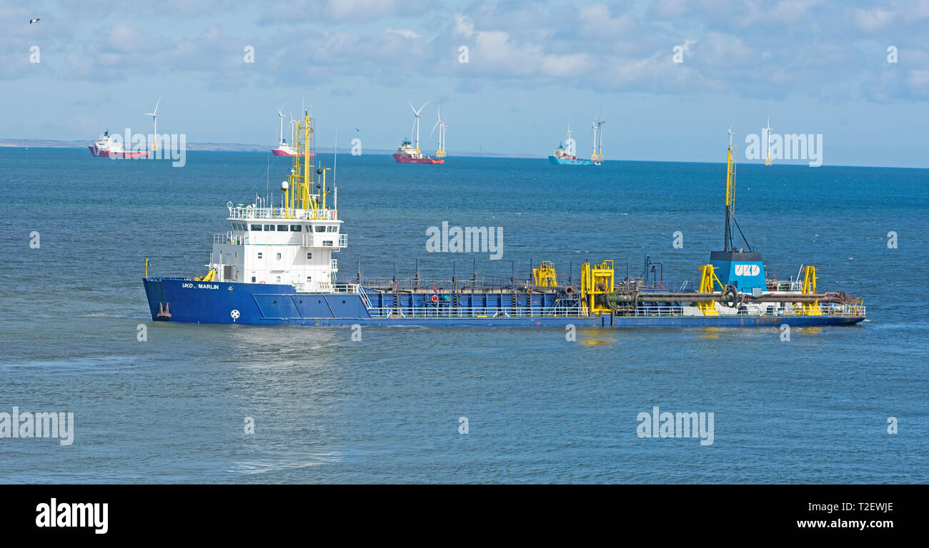 UKD Marlin. Trailing Suction Hopper Schwimmbagger arbeiten im Hafen Aberdeen Ansatz Kanal, im Nordosten von Schottland. Stockfoto