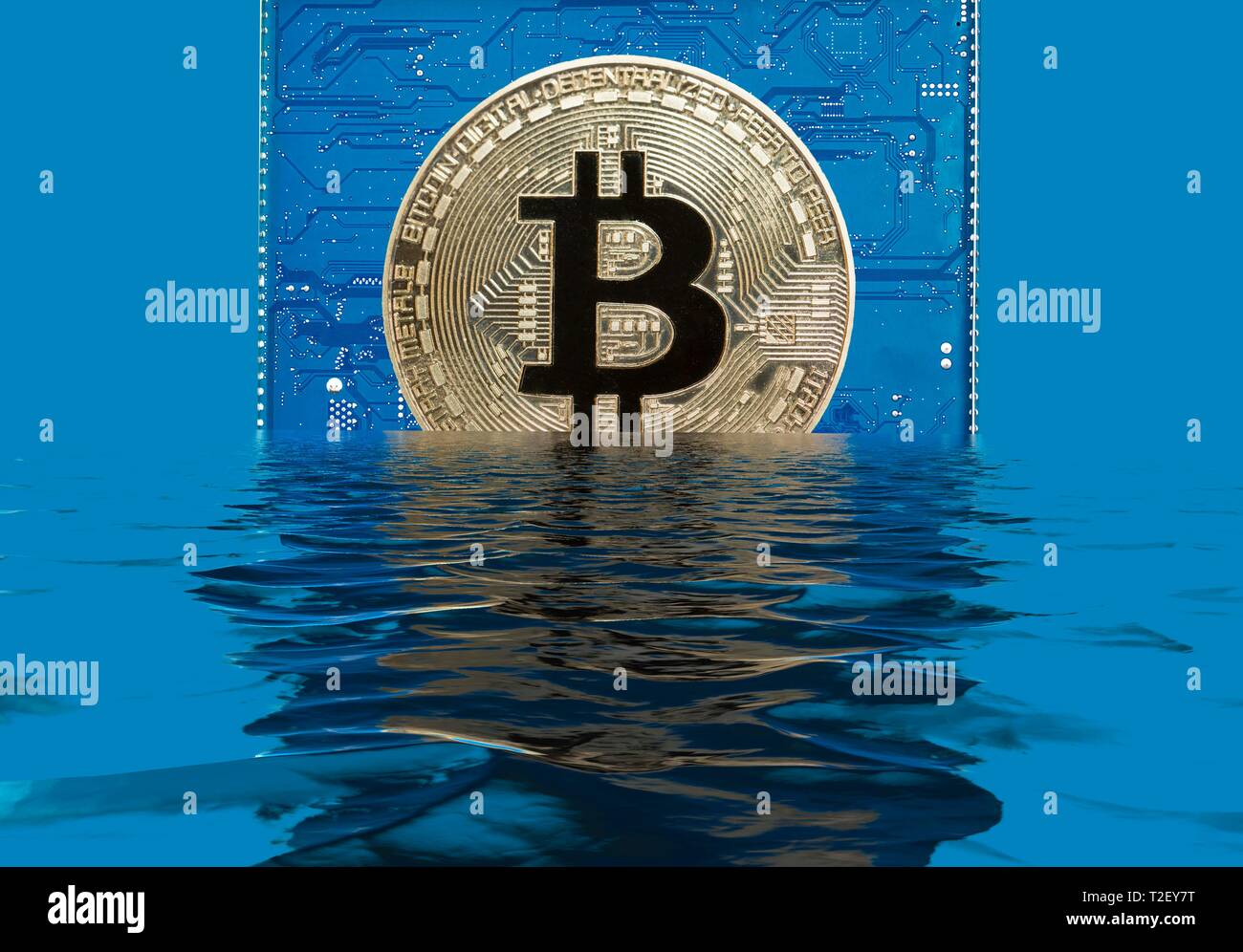 Bitcoin auf einem blauen Platine versinkt in Wasser, Wasser Reflexion, Symbol Kursrückgang, Deutschland Stockfoto