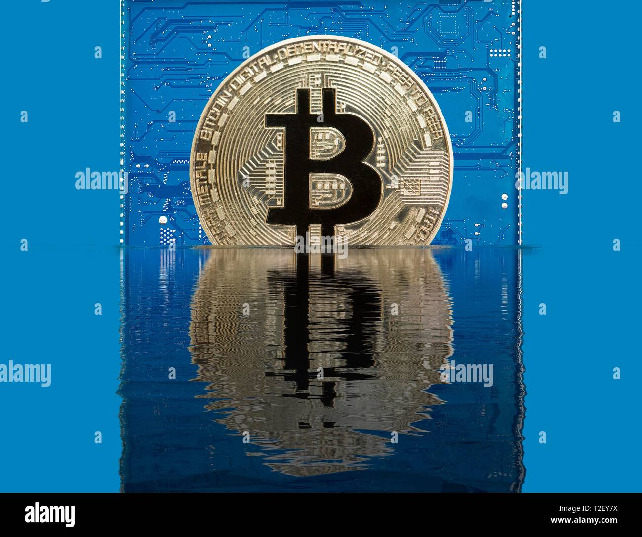 Bitcoin auf einem blauen Platine versinkt in Wasser, Wasser Reflexion, Symbol Kursrückgang, Deutschland Stockfoto