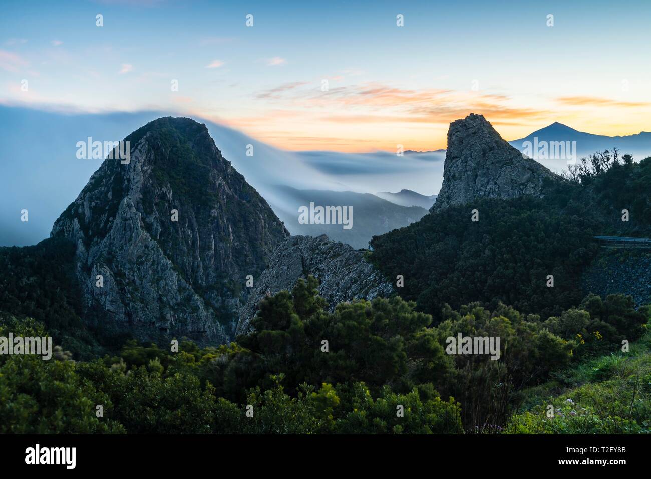 Los Roques, Markante Felstürme mit Wabert der Nebel bei Sonnenaufgang, Monumento Natural de Los Roques, La Gomera, Kanarische Inseln, Spanien Stockfoto