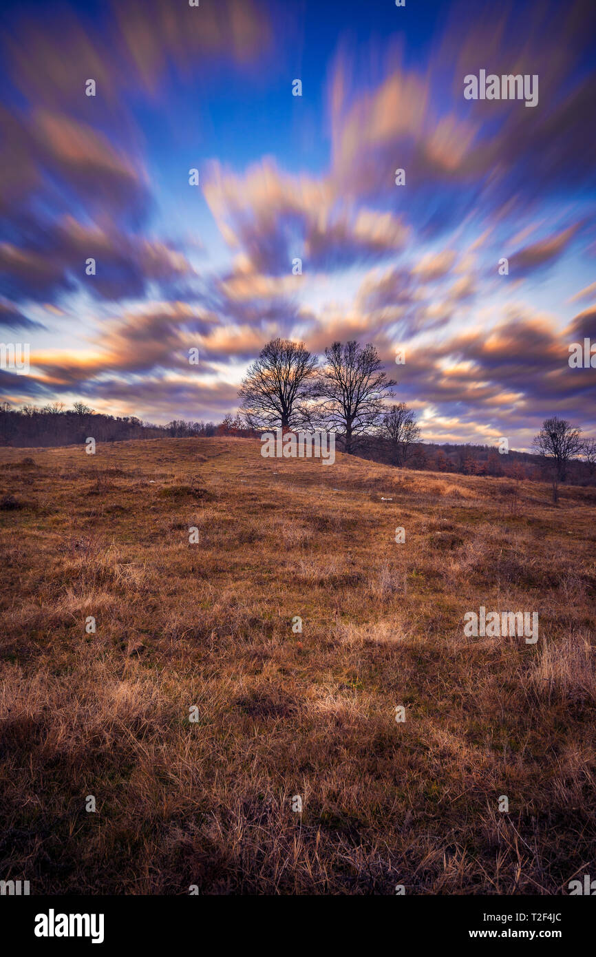 Schöne lange Exposition Landschaft Szene in der Landschaft mit dramatischen Wolken über dem blauen Himmel und trockene Bäume im Winter Stockfoto