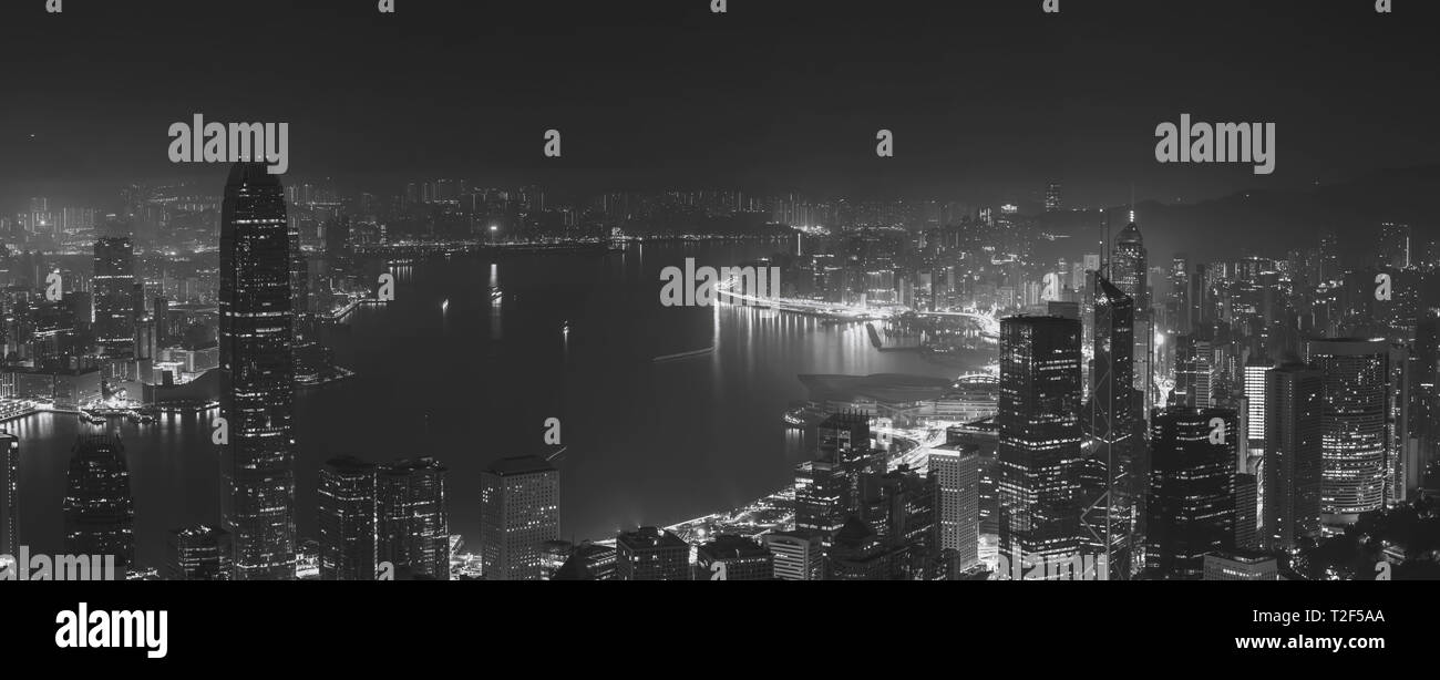 Hong Kong City Blick von der Spitze. Schwarz und Weiß Stockfoto