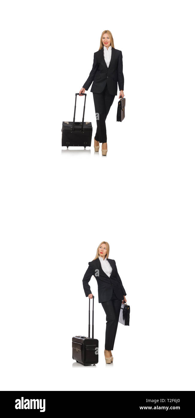 Geschäftsfrau mit Koffer isoliert auf weißem Stockfoto