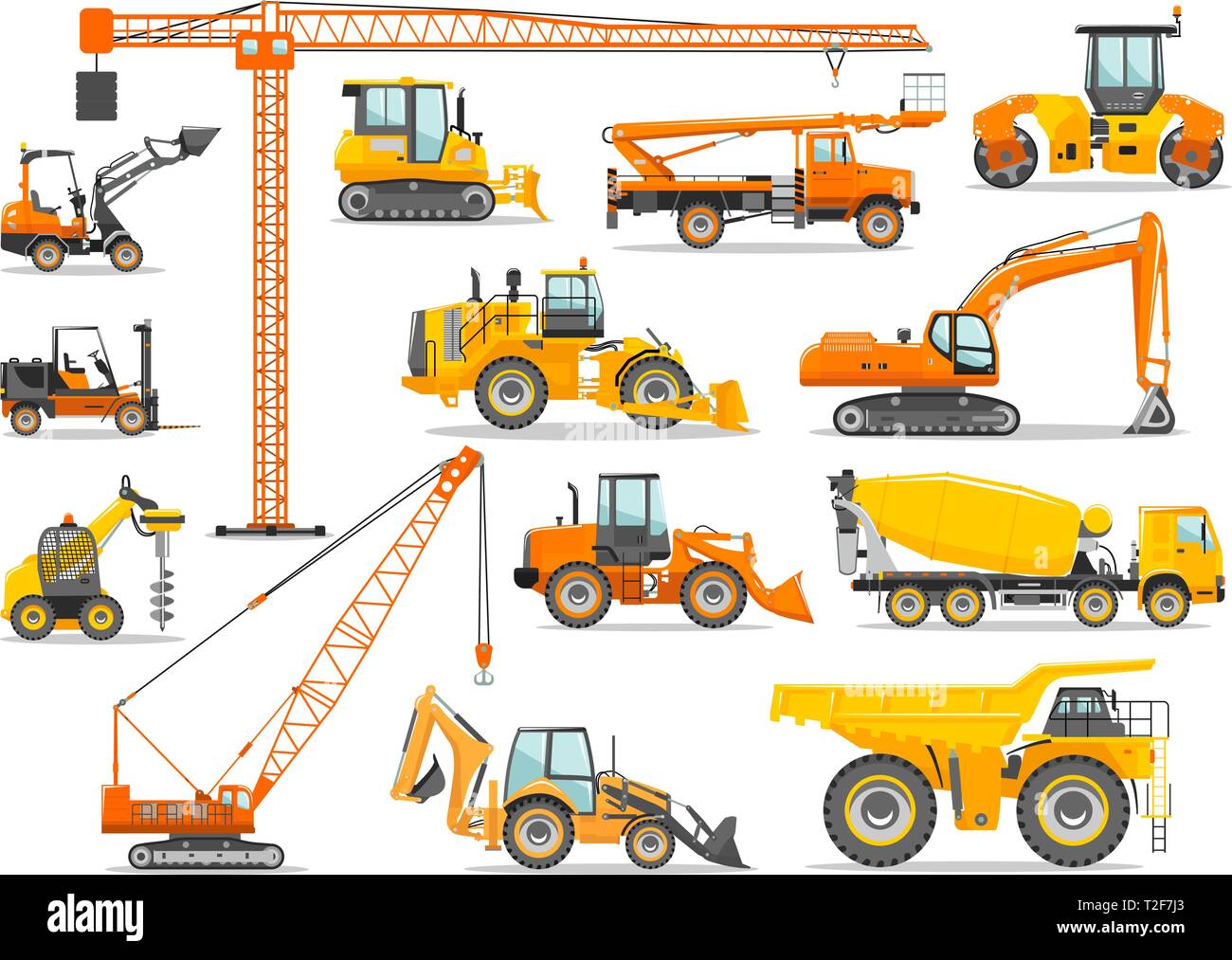 Detaillierte schweren Bau- und Bergbaumaschinen im flachen Stil auf den weißen Hintergrund. Baumaschinen. Spezielle Ausrüstung. Vektor Stock Vektor