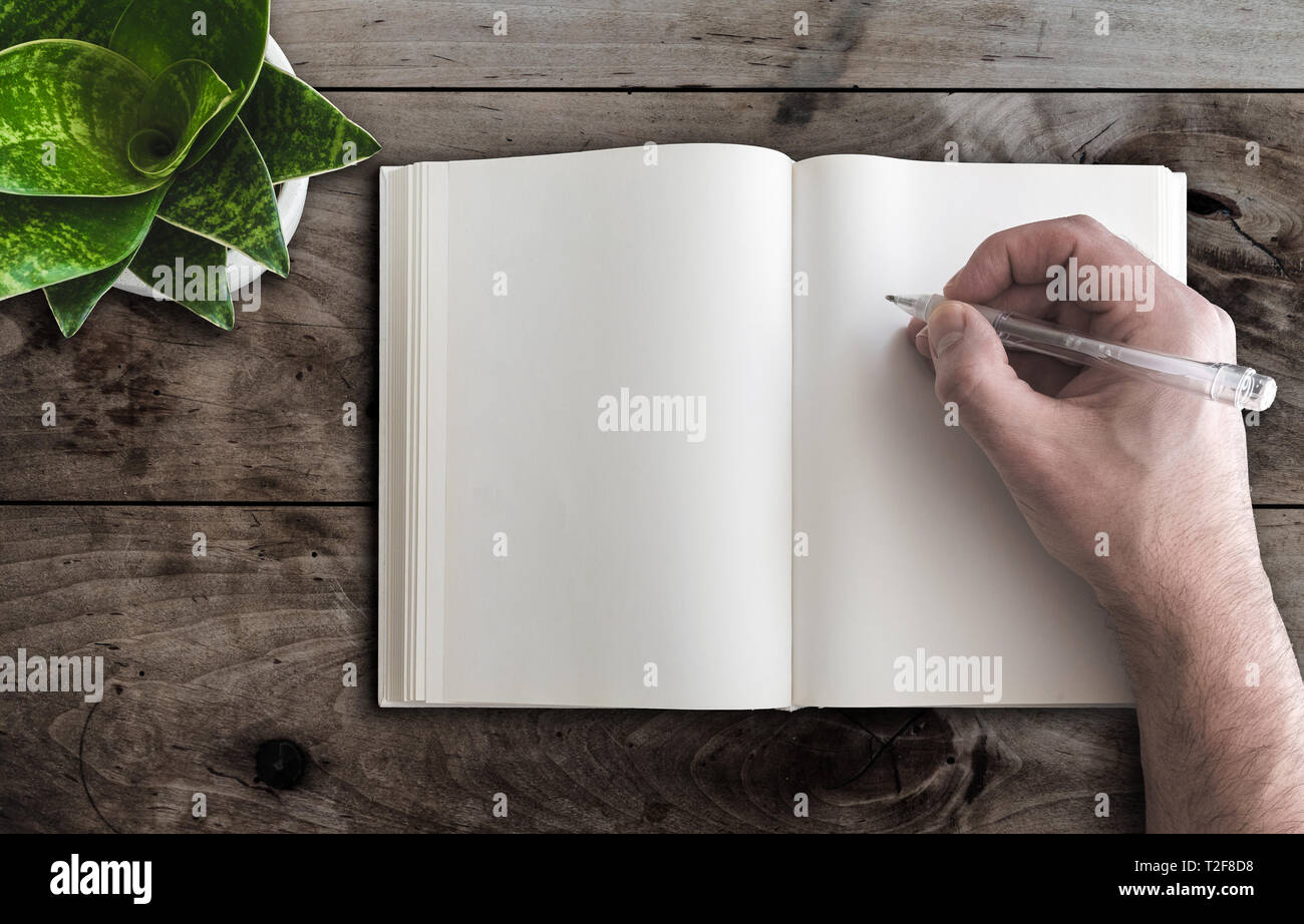 Close-up Blick von oben auf die Menschen schreiben in leer Buchen Sie mit Stift auf hölzernen Schreibtisch Stockfoto