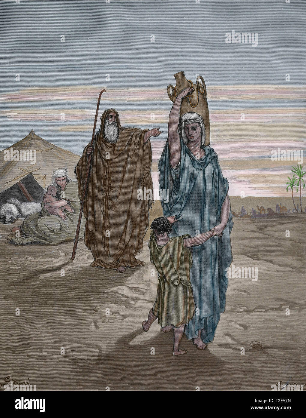 Die Bibel. Buch der Genesis. Abraham senden Hagar und Ismael entfernt. Kupferstich von Dore. 1866. Stockfoto