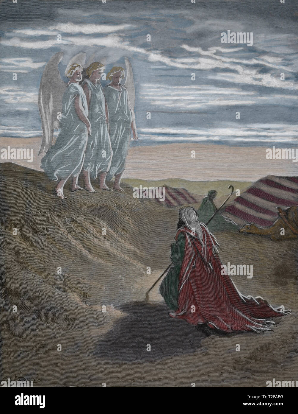 Genesis. Abraham und die Drei Engel. Die Bibel. Genesis. Kupferstich von Gustave Dore, 1866. Stockfoto