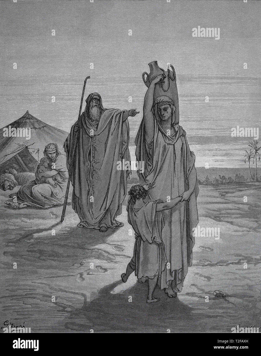 Die Bibel. Buch der Genesis. Abraham senden Hagar und Ismael entfernt. Kupferstich von Dore. 1866. Stockfoto