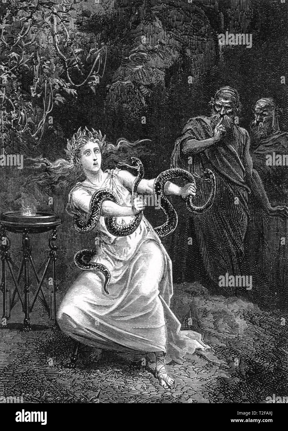 Orakel von Delphi die Pythia (Hohepriesterin) ringt mit Schlangen im frühen 19. Jahrhundert Gravur Stockfoto
