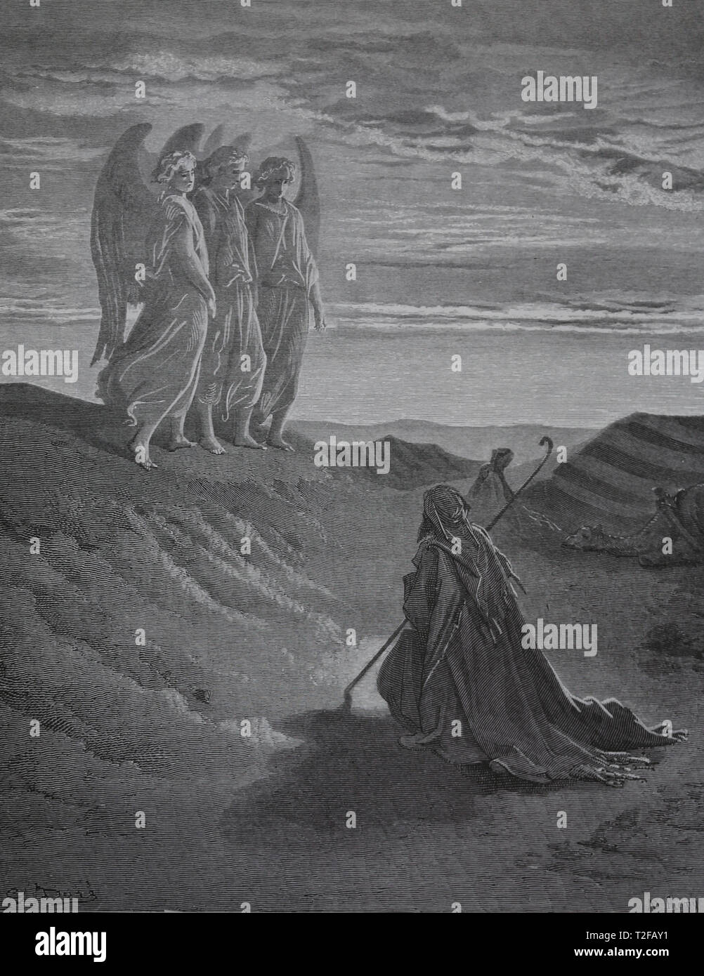 Genesis. Abraham und die Drei Engel. Die Bibel. Genesis. Kupferstich von Gustave Dore, 1866. Stockfoto