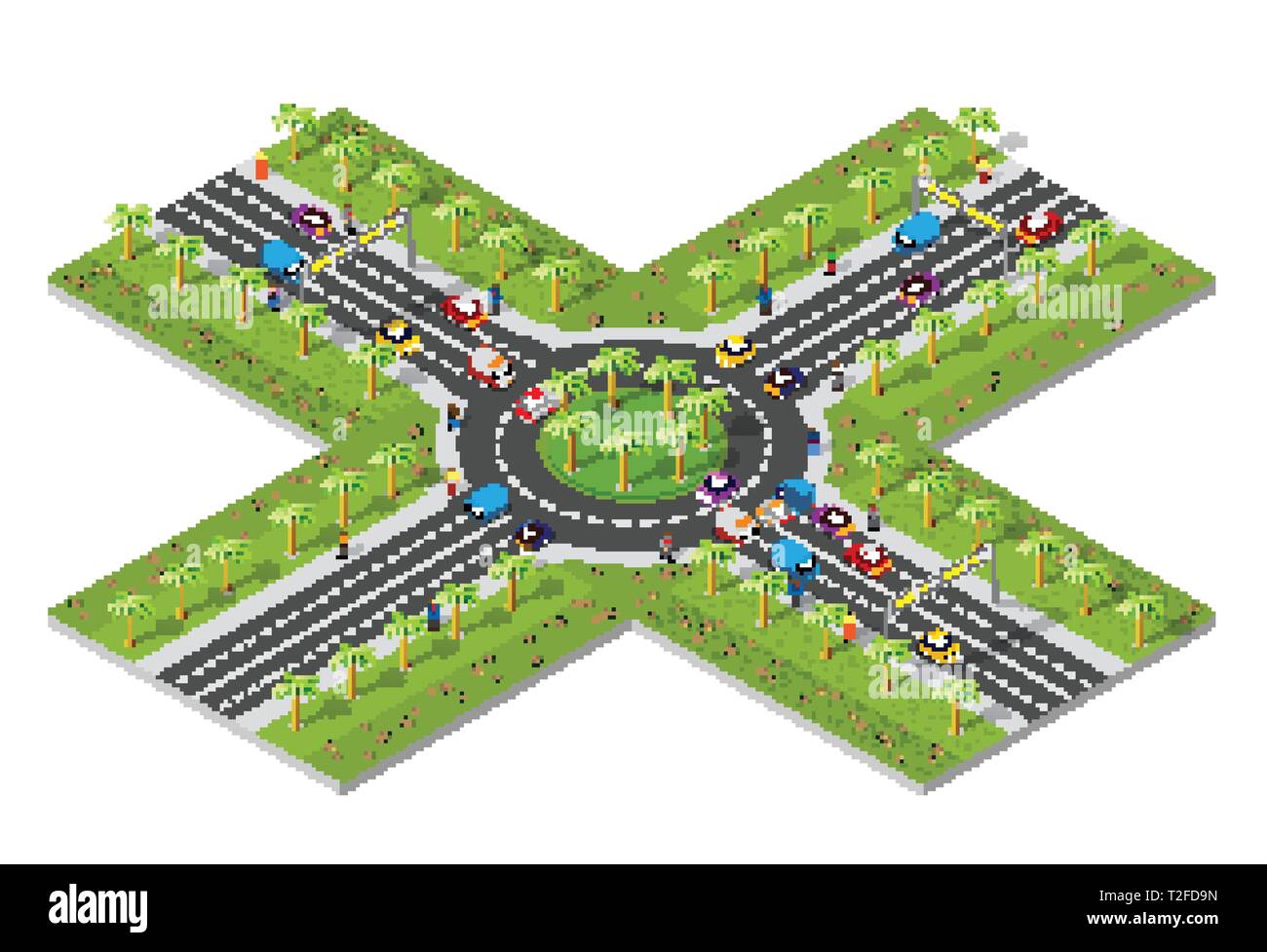 Stadtgebiet mit einer Kreuzung city High-speed Autobahn, Straßen, Autos und Bäumen. Die Landschaft der städtischen Infrastruktur. Stock Vektor