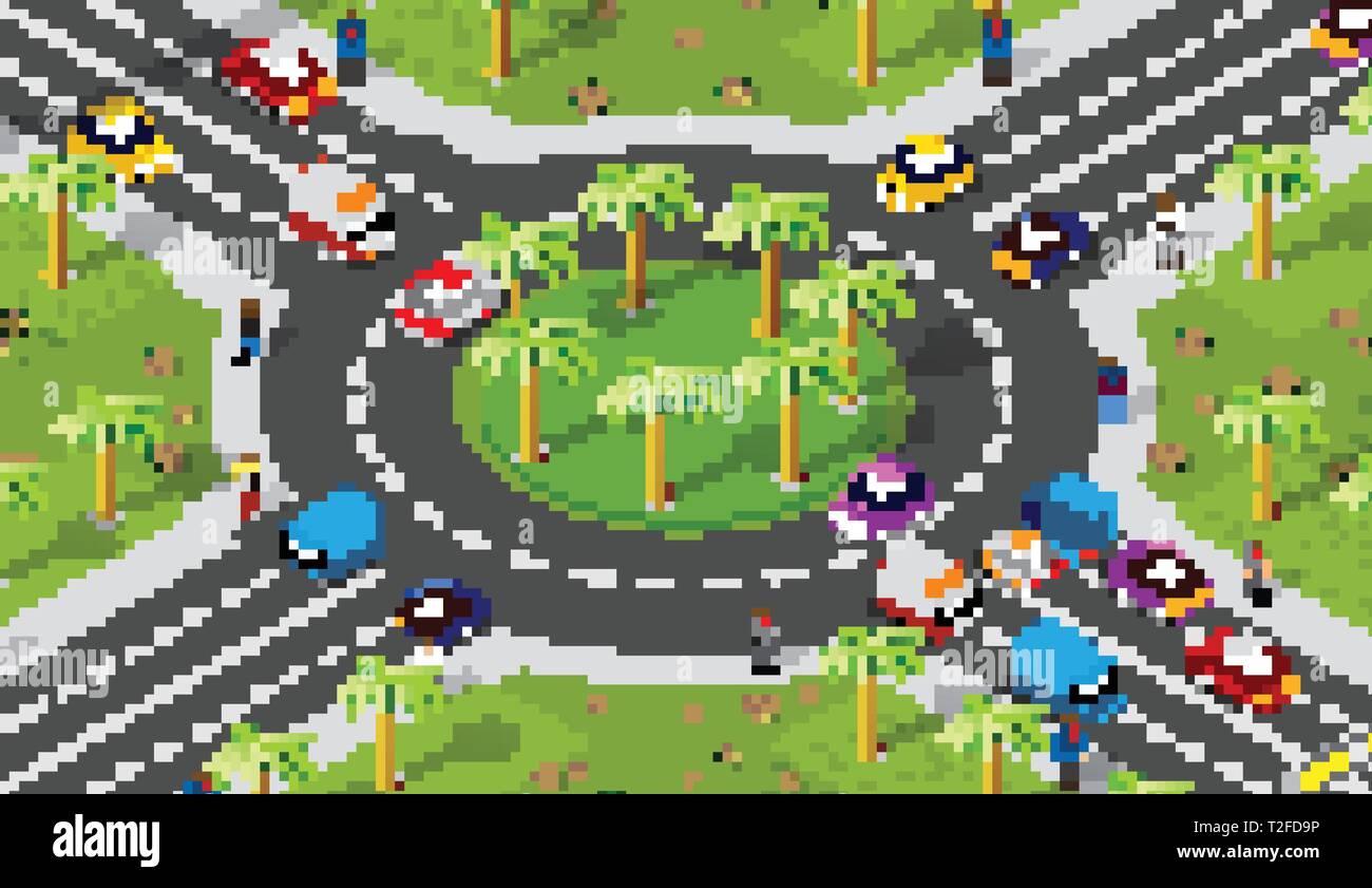 Stadtgebiet mit einer Kreuzung city High-speed Autobahn, Straßen, Autos und Bäumen. Die Landschaft der städtischen Infrastruktur. Stock Vektor